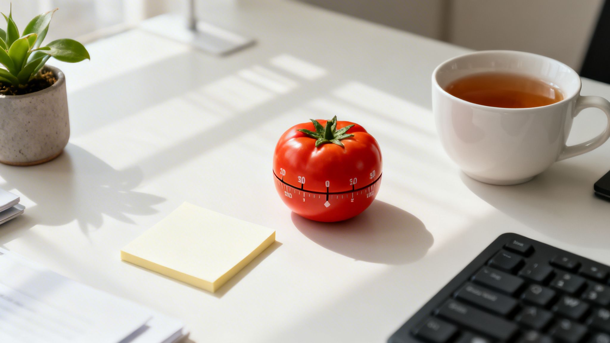 Białe biurko z doniczkową rośliną, timerem pomodoro, kubkiem herbaty, notatkami i klawiaturą, symbolizujące produktywną przestrzeń pracy.