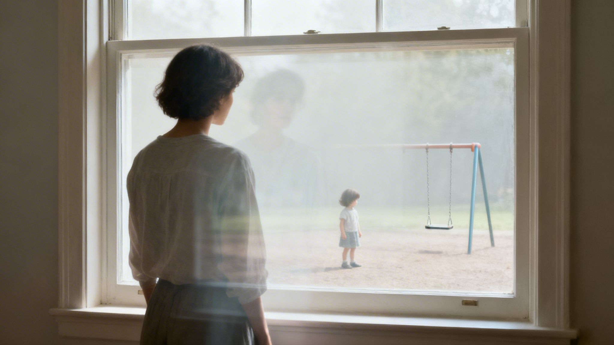 Kobieta patrzy z okna na dziecko stojące przy huśtawce, z delikatnym odbiciem w szybie.