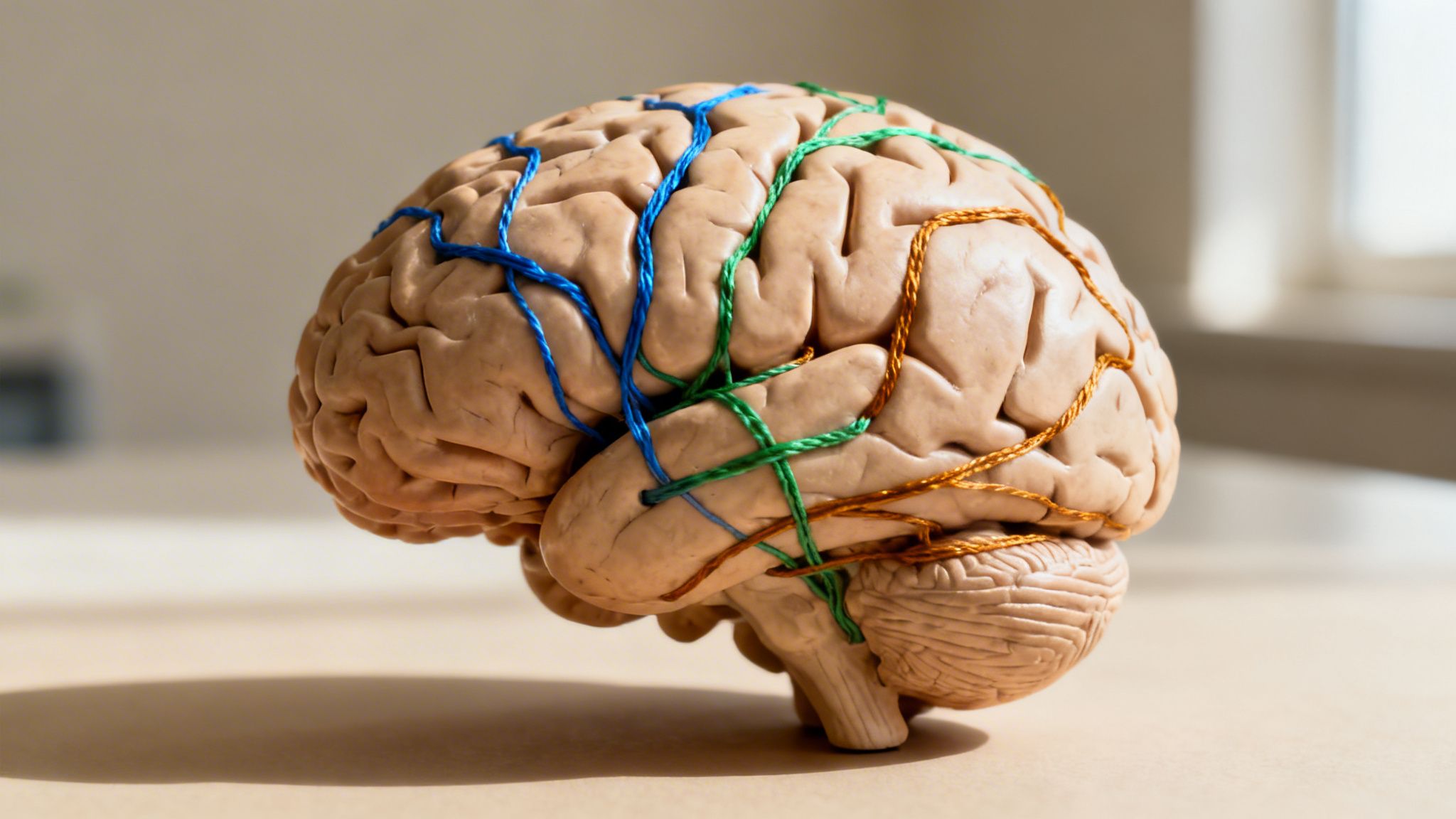 Model ludzkiego mózgu z kolorowymi nićmi symbolizującymi połączenia neuronalne lub skomplikowaną sieć myśli.