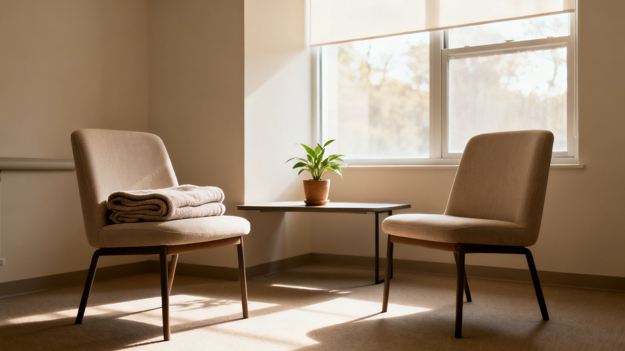 Spokojne pomieszczenie z dwoma beżowymi krzesłami, stolikiem, rośliną i oknem, oświetlone słońcem.
