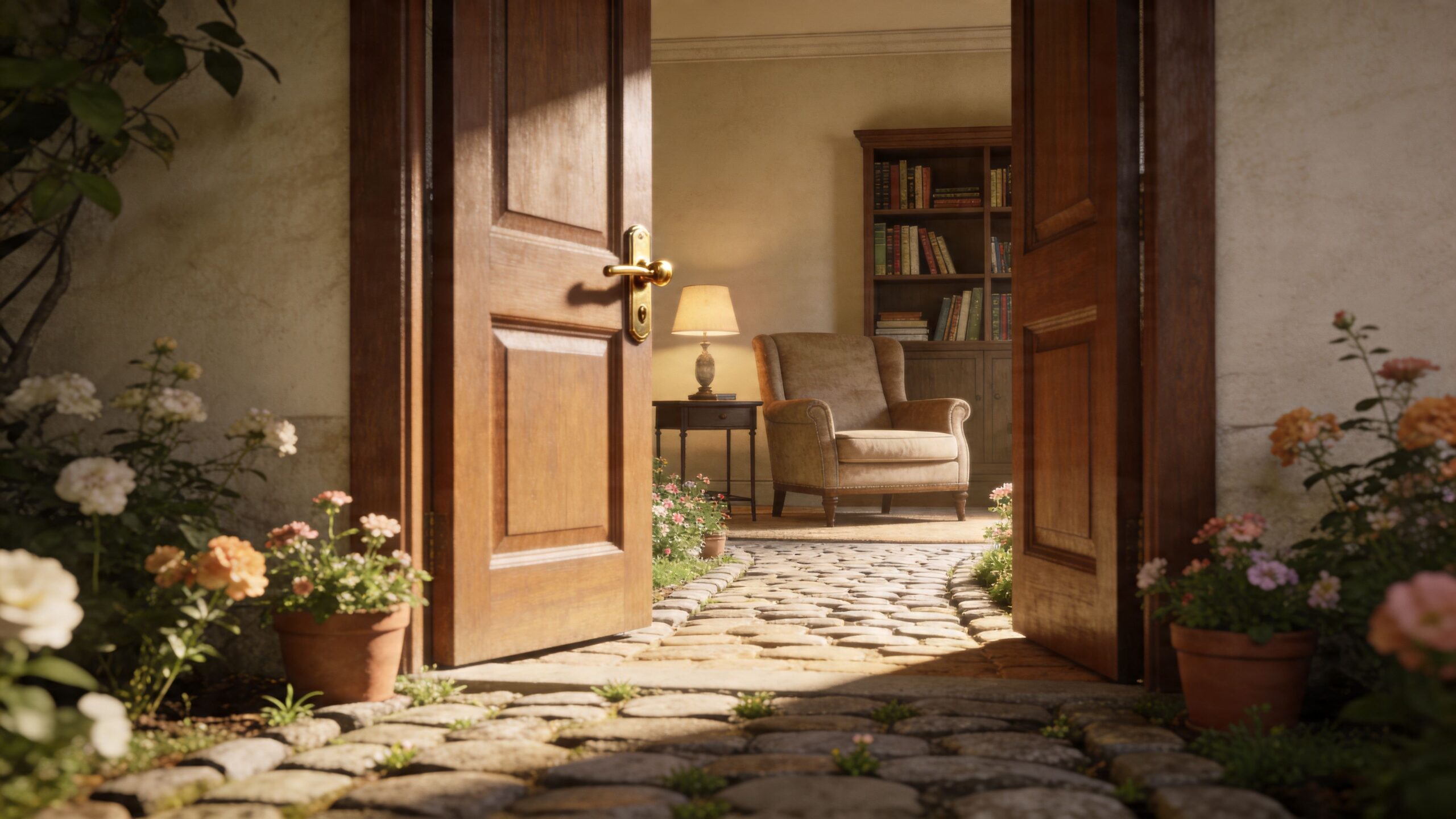Otwarte drewniane drzwi prowadzące z ogrodu do przytulnego wnętrza z fotelem i lampą w ciepłym świetle