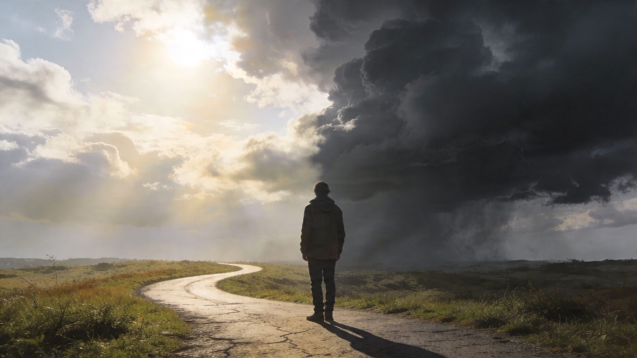 Samotna postać stojąca na drodze, z jedną stroną nieba słoneczną, a drugą ciemną i burzową.