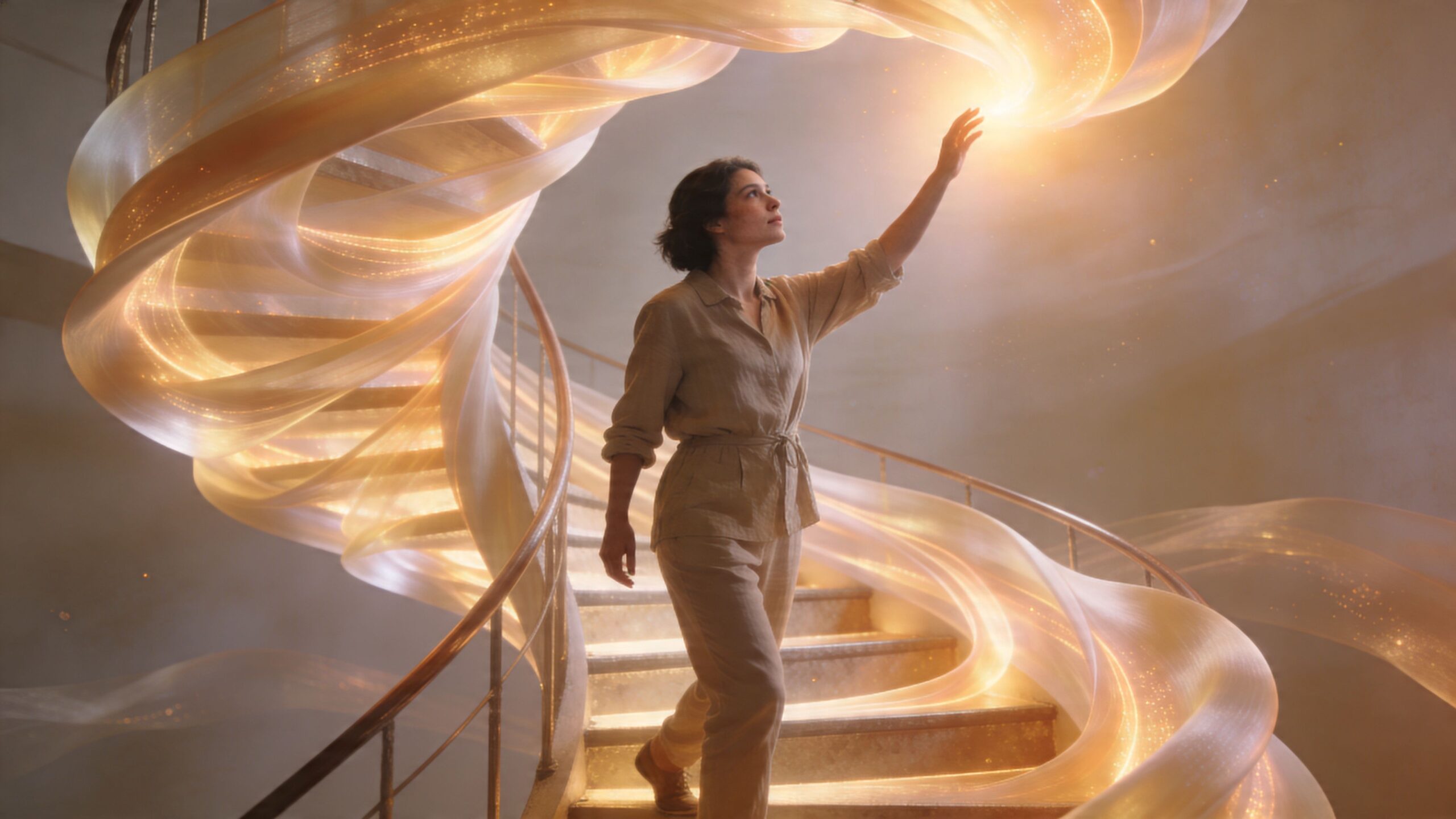 Kobieta w jasnym ubraniu idzie po spiralnych schodach, dotykając palcami unoszącej się w powietrzu magicznej, złotej wstęgi światła.