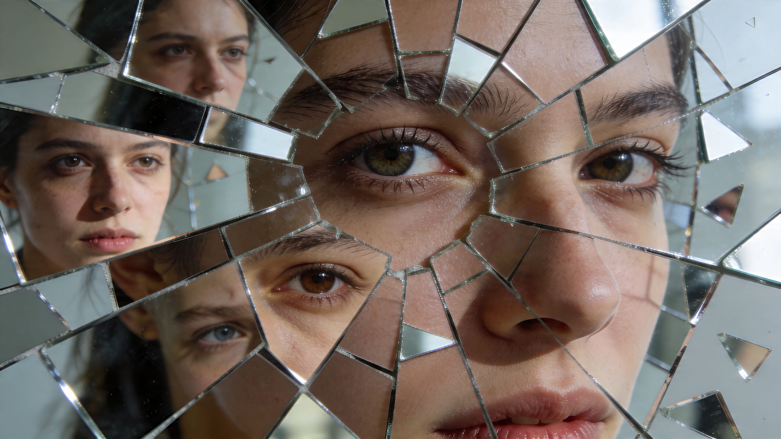 Portret młodej kobiety odbijający się w wielu stłuczonych kawałkach lustra, symbolizujący rozbicie psychiczne i zaburzenia osobowości.