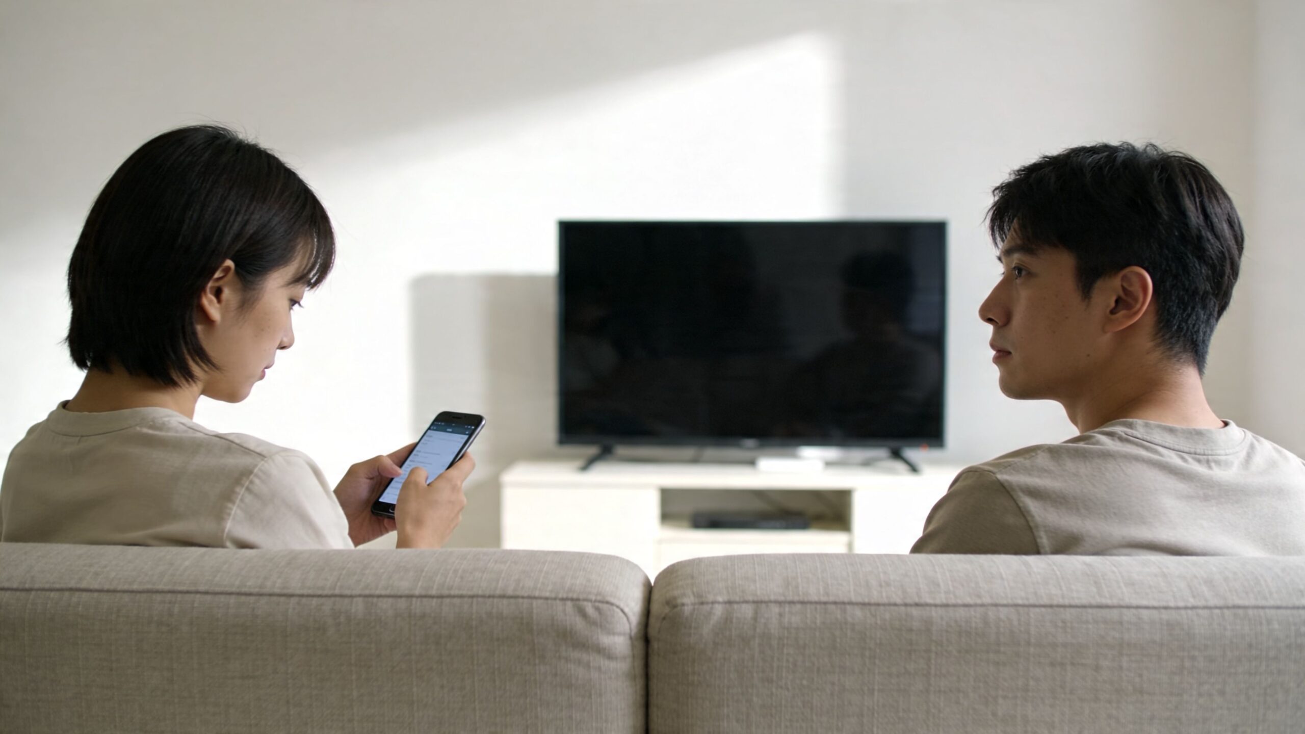 Młoda para siedzi na kanapie przed telewizorem, ignorując siebie nawzajem i skupiając uwagę na własnych sprawach.