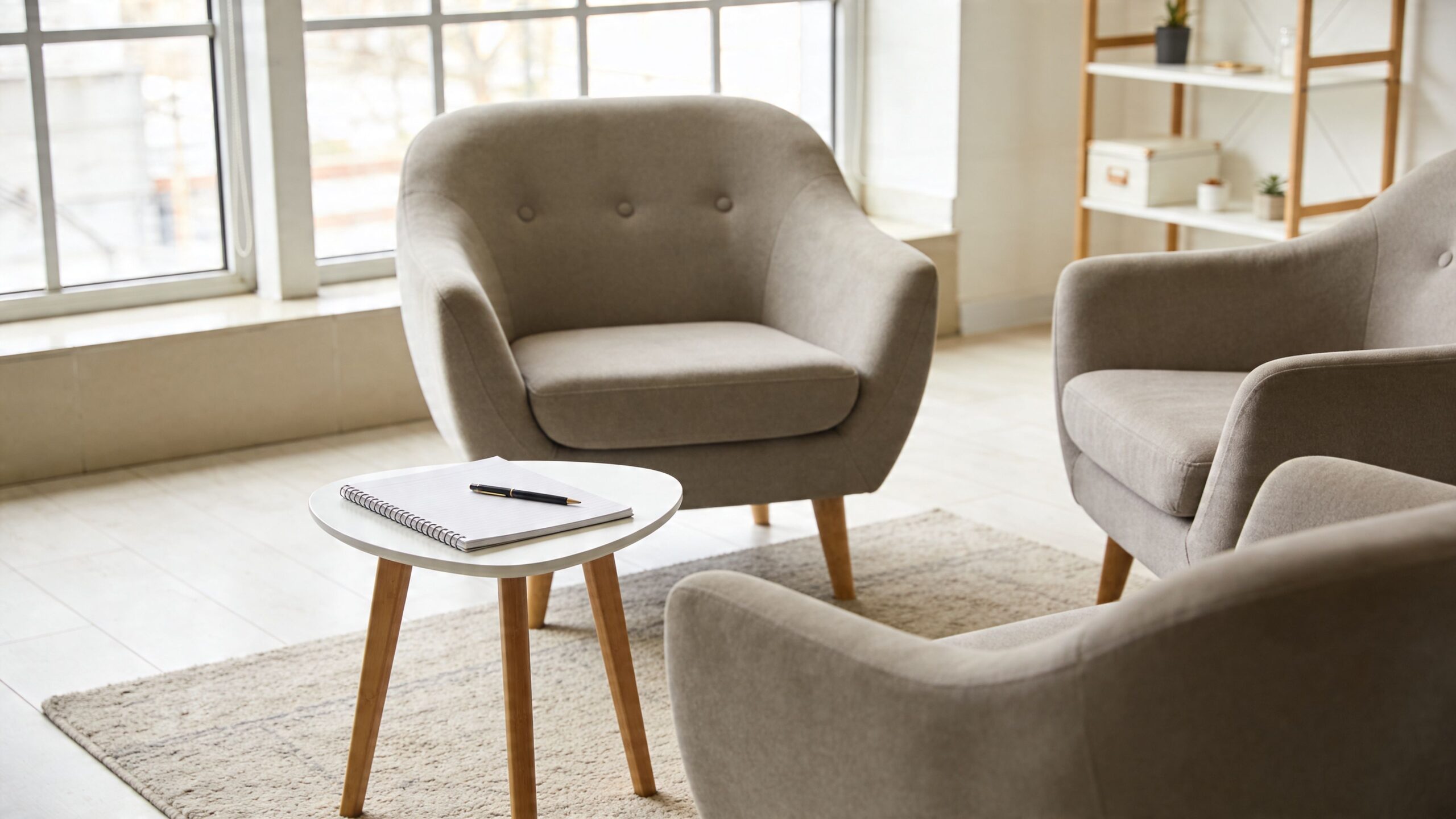 Jasny i przytulny gabinet terapeutyczny z kilkoma wygodnymi fotelami, stolikiem kawowym oraz notatnikiem z długopisem na środku.