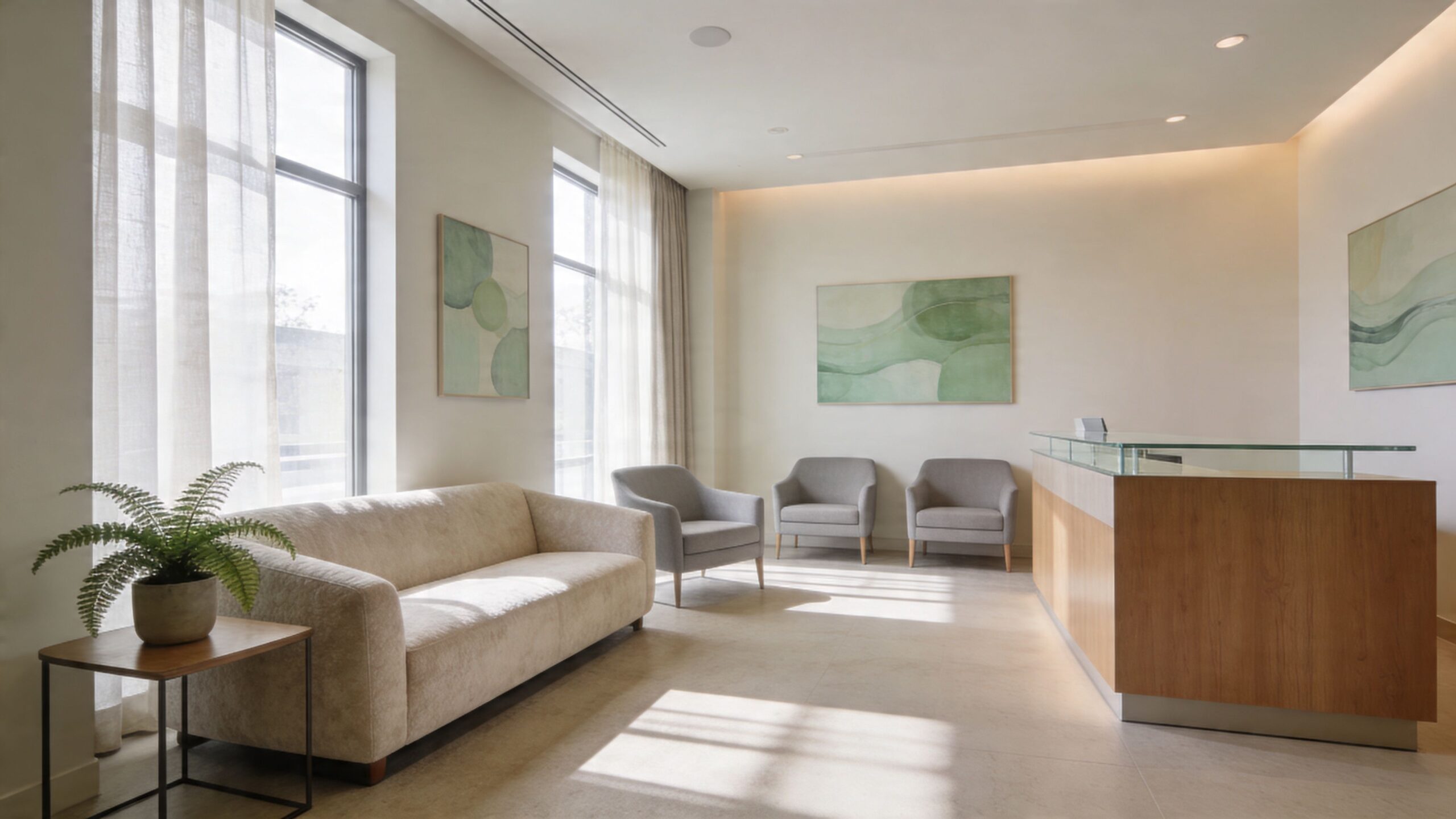 Nowoczesna, jasna poczekalnia w gabinecie psychoterapii z wygodną sofą, fotelami i zielonymi obrazami na ścianie.