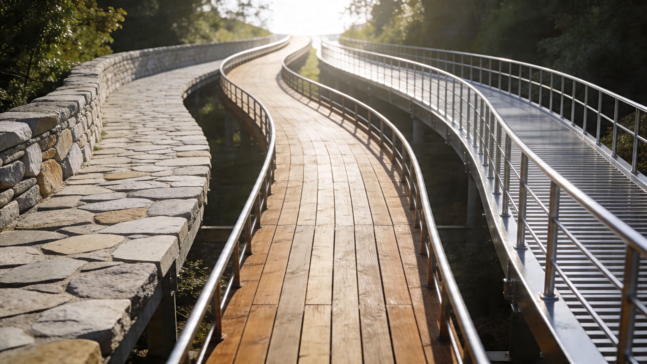 Kręta ścieżka prowadząca przez las z różnymi rodzajami nawierzchni, symbolizująca drogę do wspólnego celu w relacji.