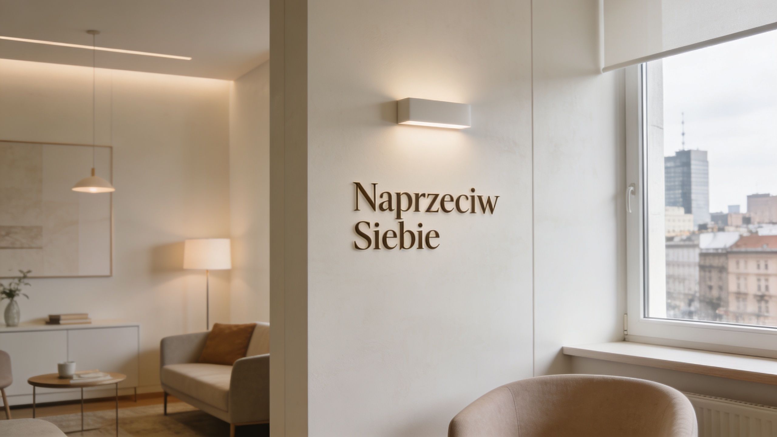 Nowoczesne wnętrze gabinetu psychoterapii z napisem Naprzeciw Siebie na ścianie oraz wygodnymi fotelami dla pacjenta.