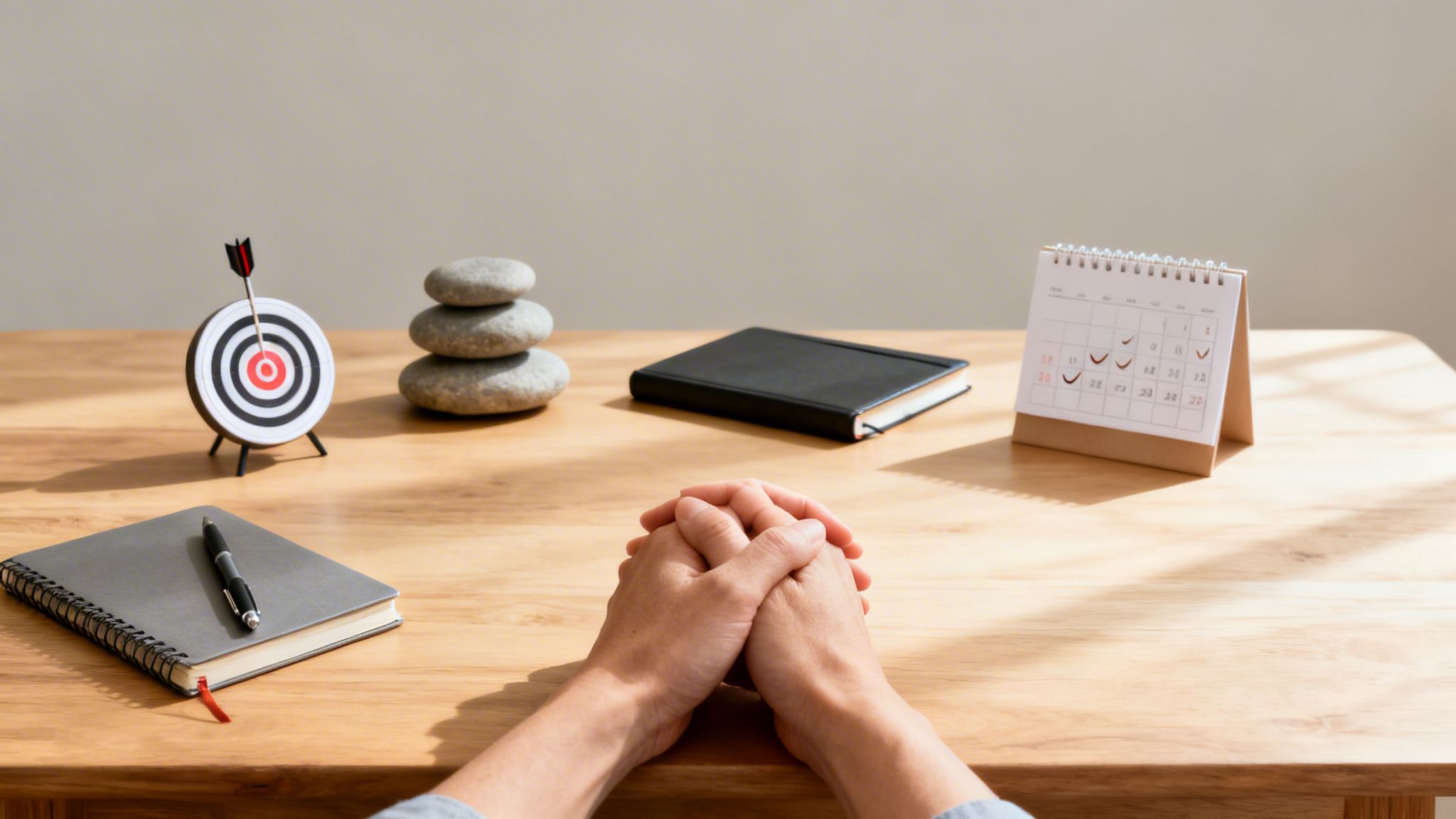 Osoba ze splecionymi dłońmi siedzi przy drewnianym biurku z tarczą, stosem kamieni i kalendarzem.