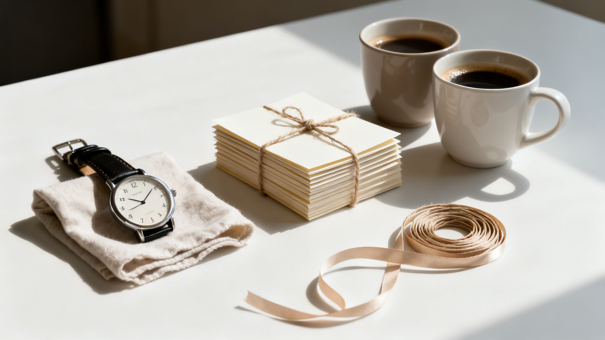 Na jasnym stole leżą zegarek, stos kartek, dwie filiżanki kawy i beżowa wstążka.