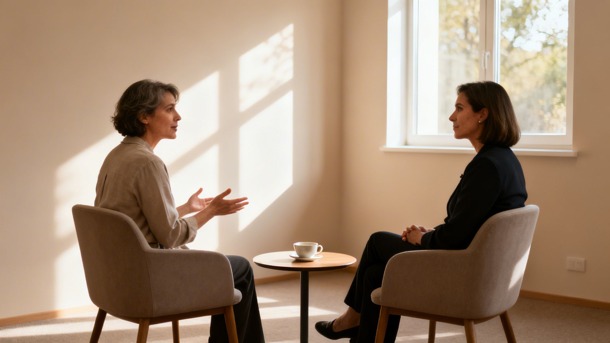 Dwie kobiety rozmawiają w jasnym pokoju, siedząc naprzeciwko. Jedna gestykuluje, druga słucha uważnie.