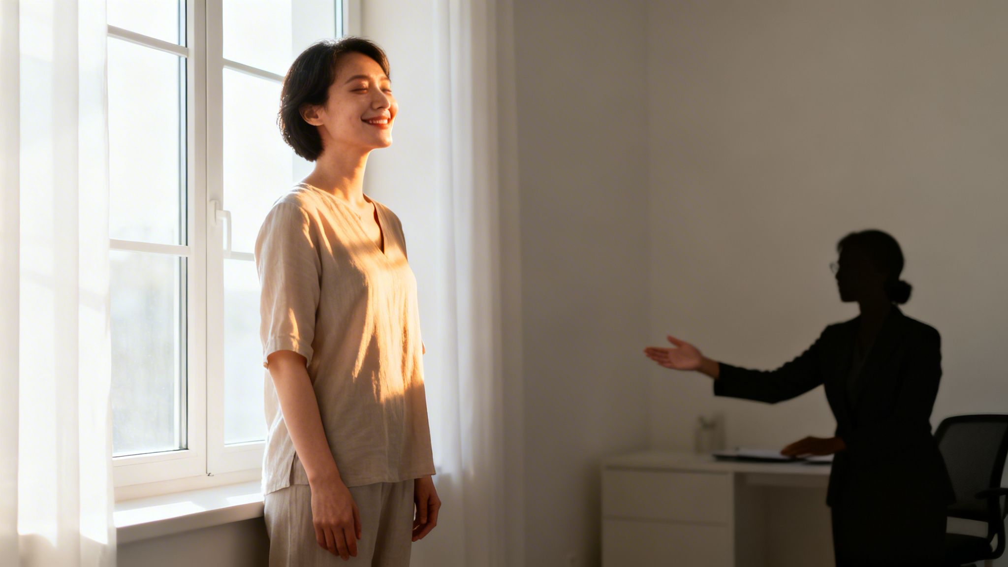 Uśmiechnięta kobieta w promieniach słońca, stojąca przy oknie, obok niewyraźna sylwetka.