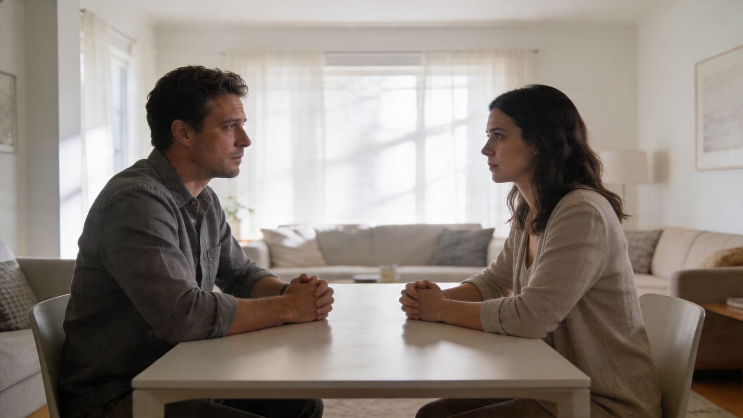 Kobieta i mężczyzna siedzą naprzeciwko siebie przy stole, prowadząc poważną rozmowę w jasnym, nowoczesnym salonie.