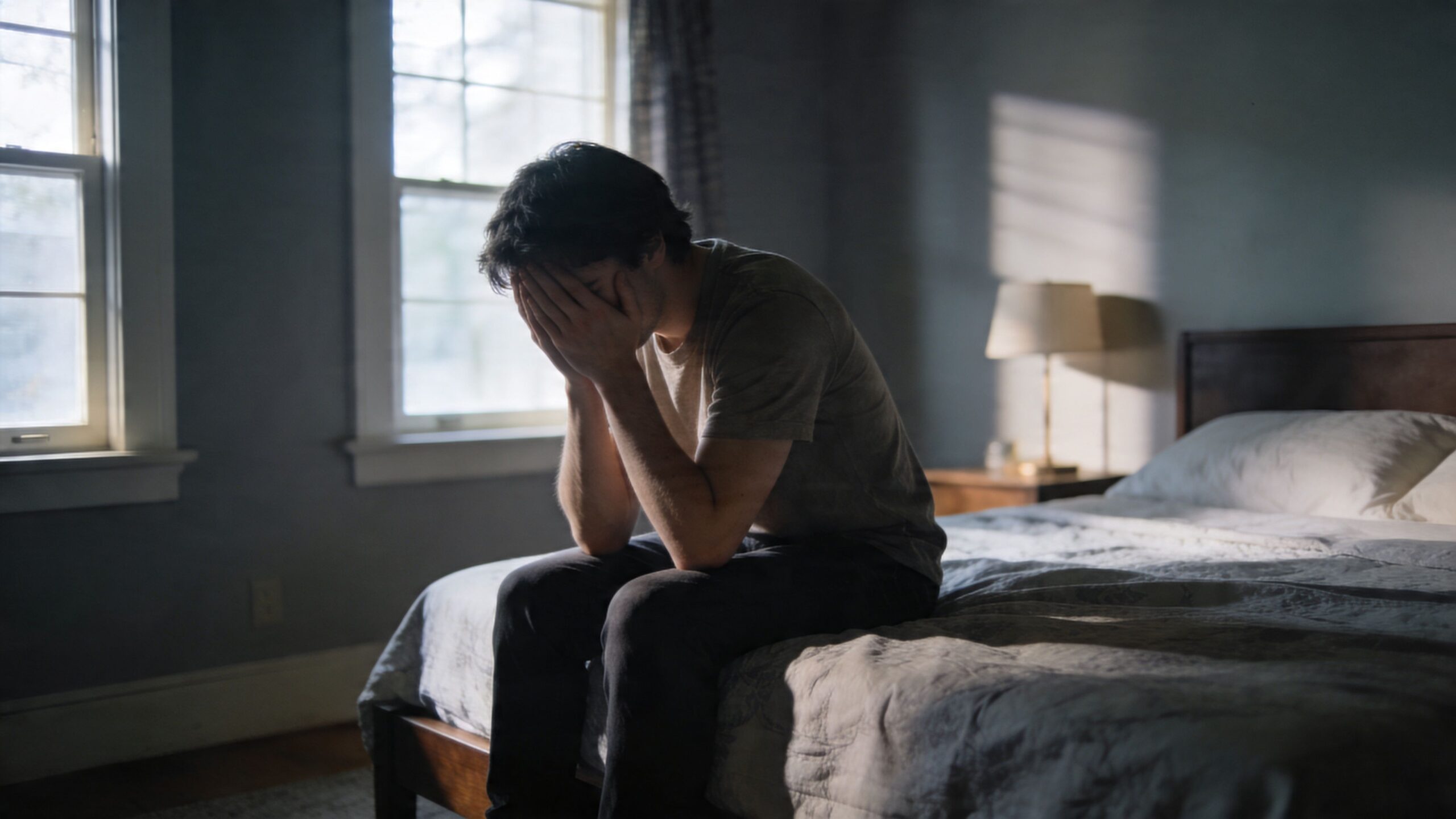 Zrozpaczony mężczyzna siedzący na krawędzi łóżka w ciemnym pokoju, trzymający twarz w dłoniach, odczuwający głęboki smutek i żal.