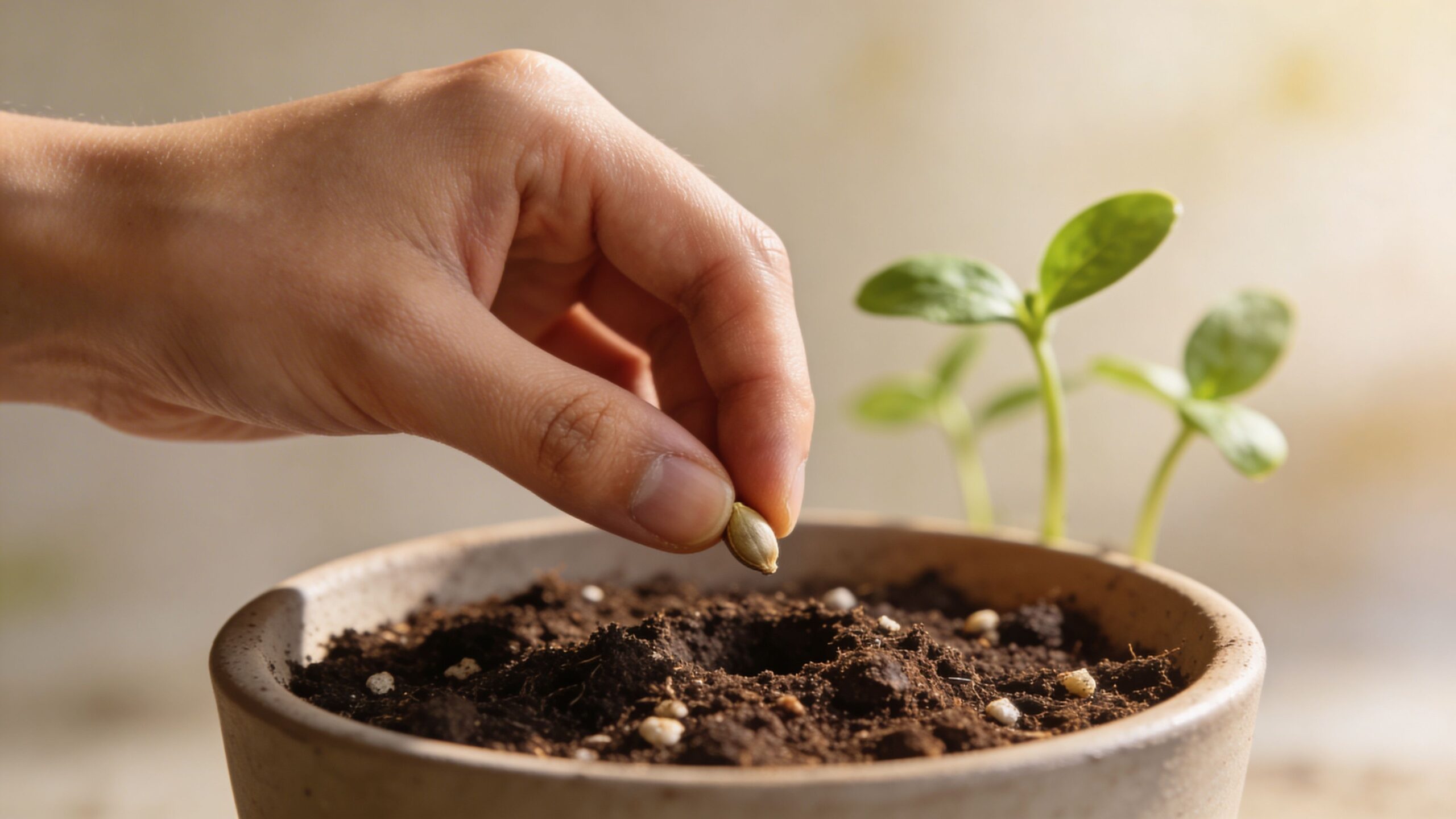 Dłoń umieszczająca nasiono w ziemi w doniczce obok małej sadzonki, symbolizująca nadzieję, rozwój i nowy początek.