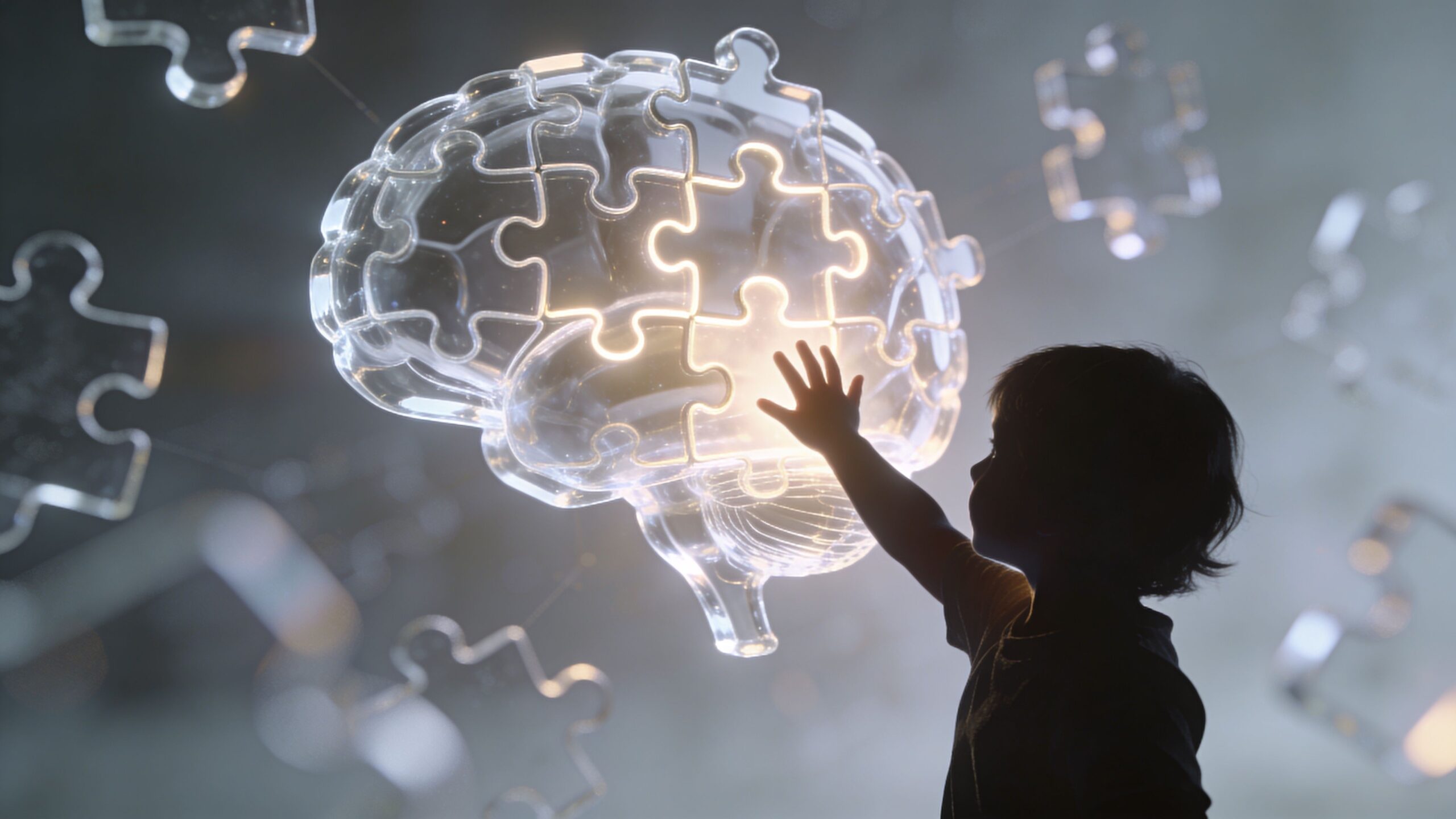 Dziecko dotykające świecącego, szklanego modelu mózgu zbudowanego z puzzli, symbolizujące rozwój intelektualny i ciekawość świata.