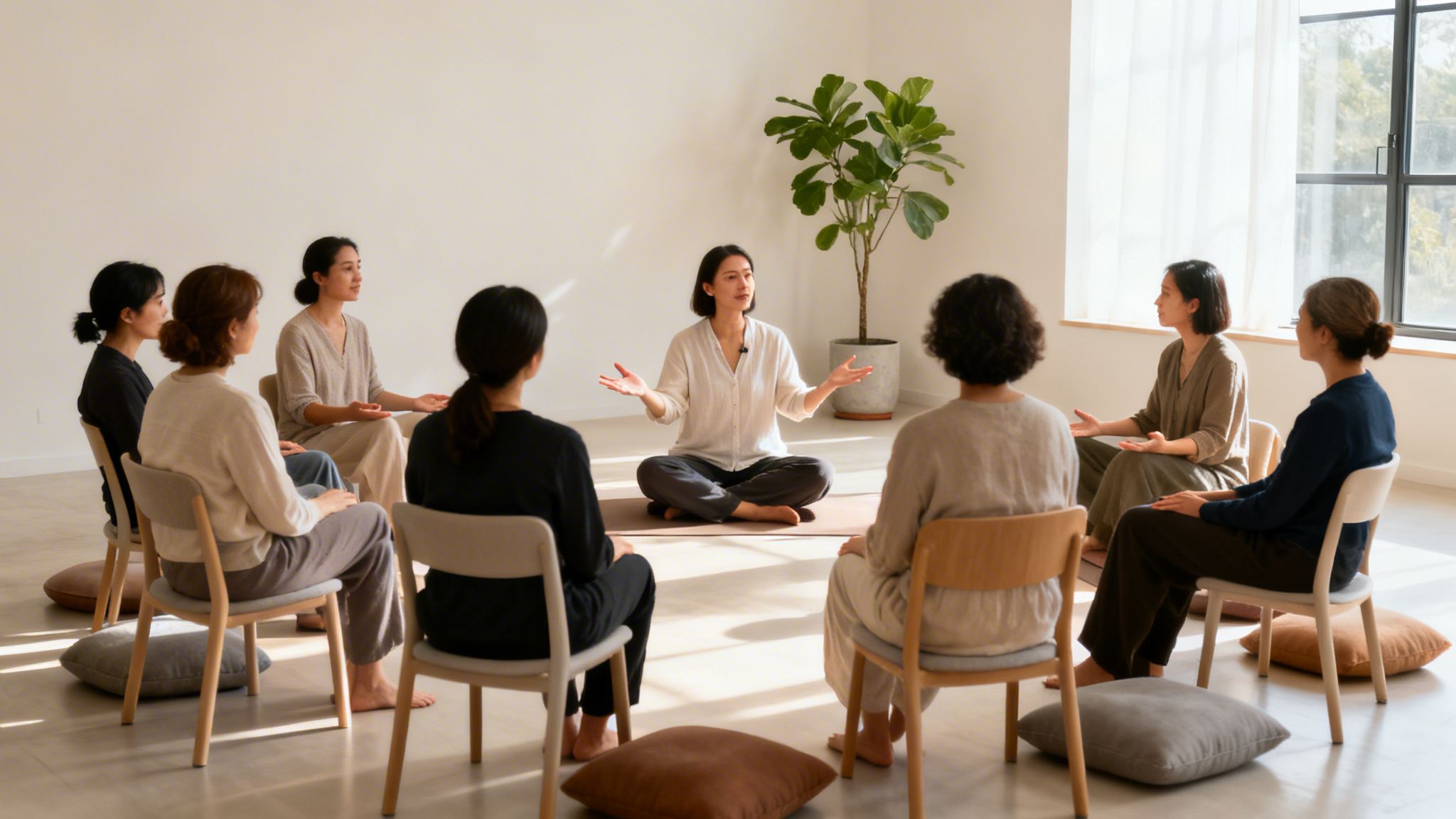 Grupa kobiet na warsztatach mindfulness, jedna prowadzi rozmowę, reszta słucha w spokojnej atmosferze.