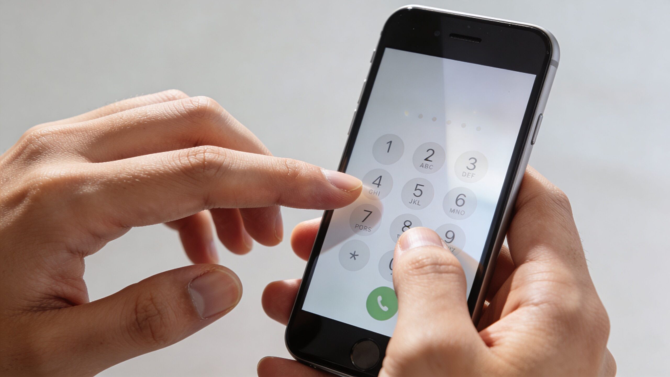 Dłonie trzymające smartfon z otwartym ekranem wybierania numeru telefonu, gotowe do wykonania ważnego połączenia w trudnej chwili.
