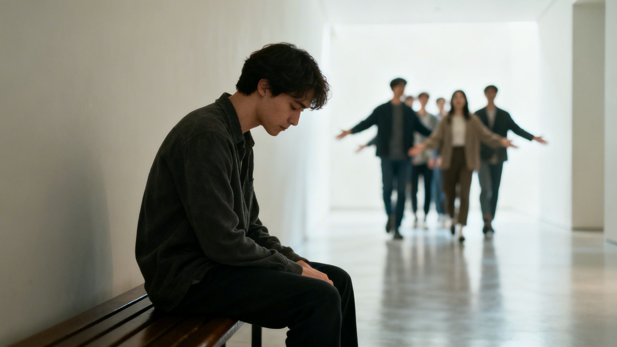 Młody mężczyzna siedzi samotnie na ławce, spoglądając w dół, podczas gdy w tle zbliża się niewyraźna grupa ludzi.