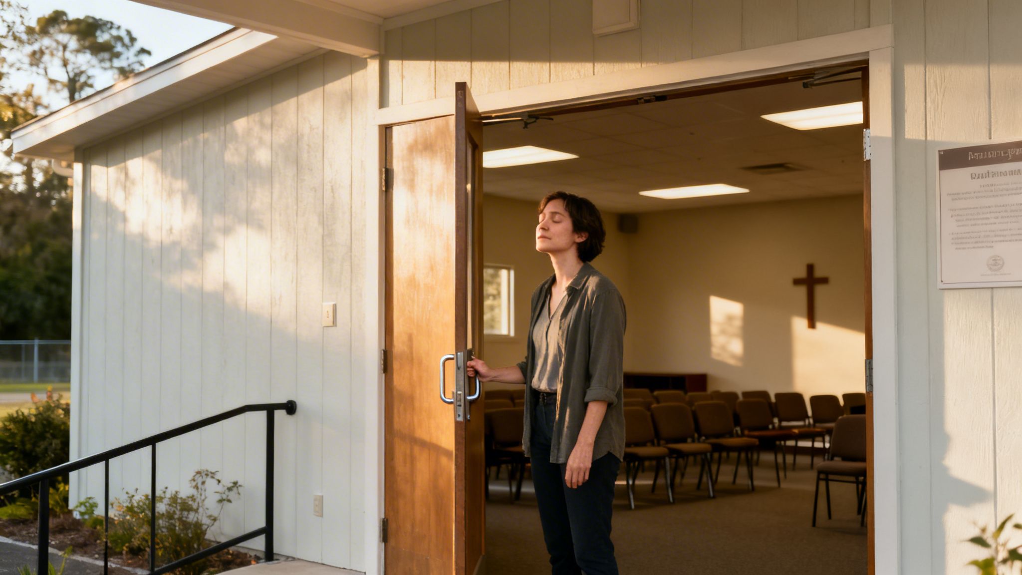 Kobieta z zamkniętymi oczami otwiera drzwi do kościoła lub sali wspólnoty, z krzyżem i rzędami krzeseł w tle.