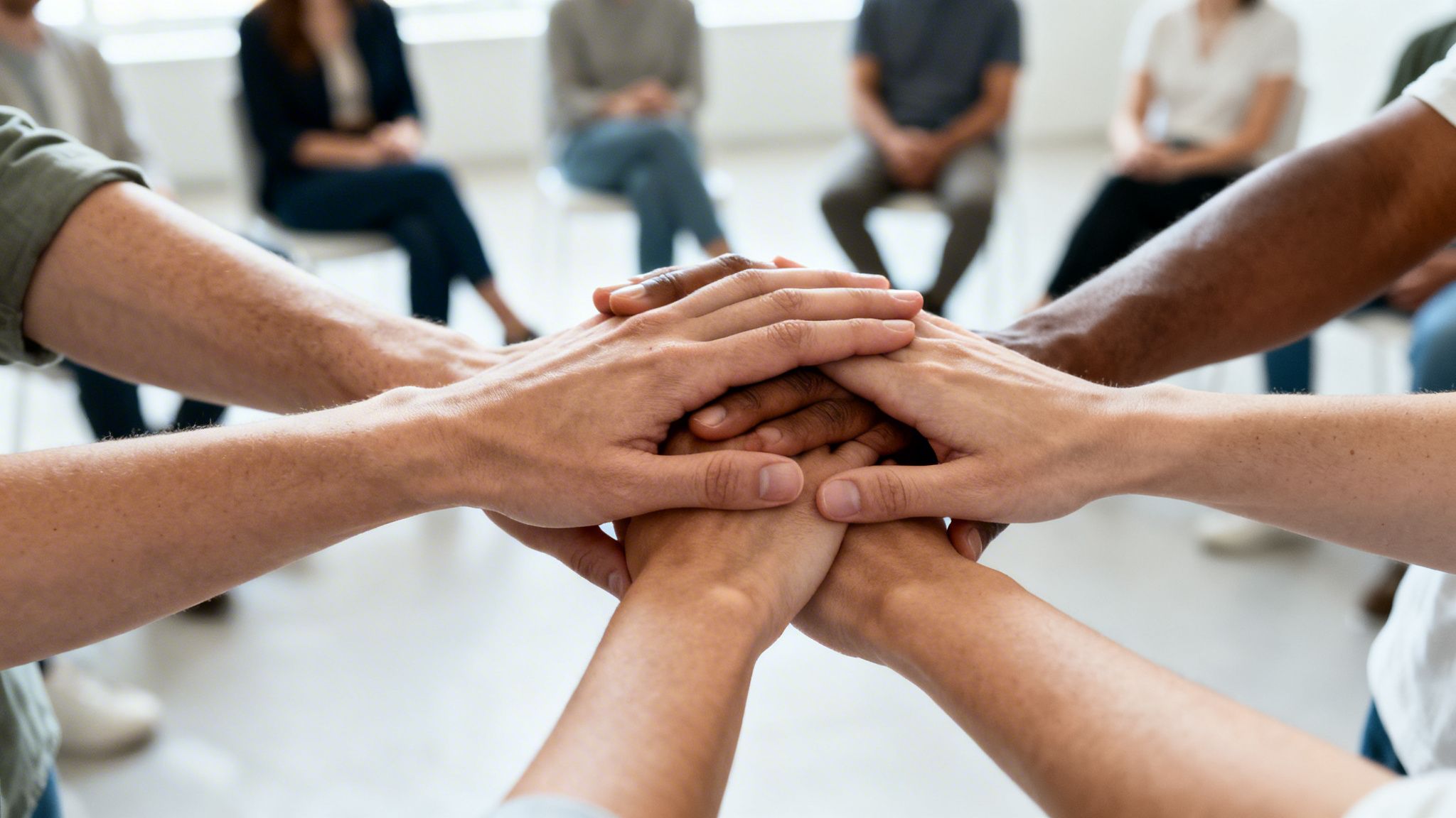 Różnorodne dłonie ułożone jedna na drugiej, symbolizujące wspólnotę i wzajemne wsparcie grupy.