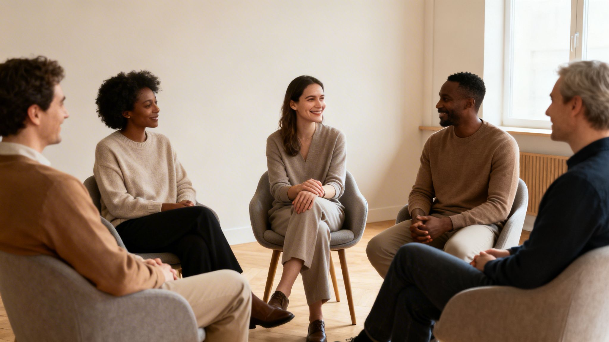 Pięć osób siedzi w kręgu na krzesłach, uśmiecha się i rozmawia, uczestnicząc w spotkaniu grupy wsparcia.