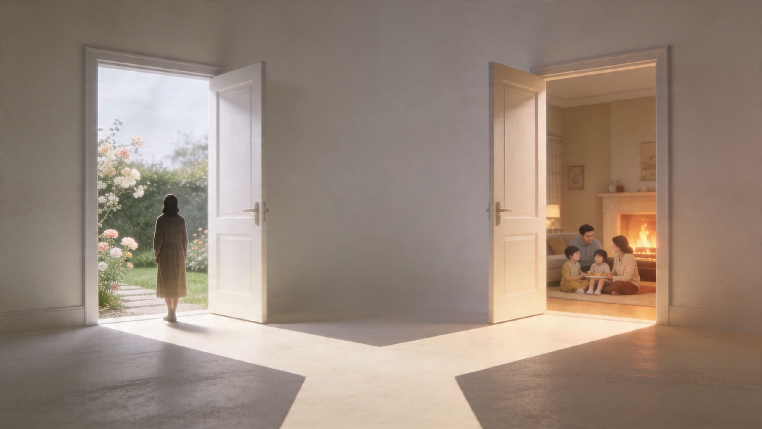 Kobieta stojąca w progu drzwi przed ogrodem oraz rodzina z dziećmi siedząca przy kominku w drugim pokoju.