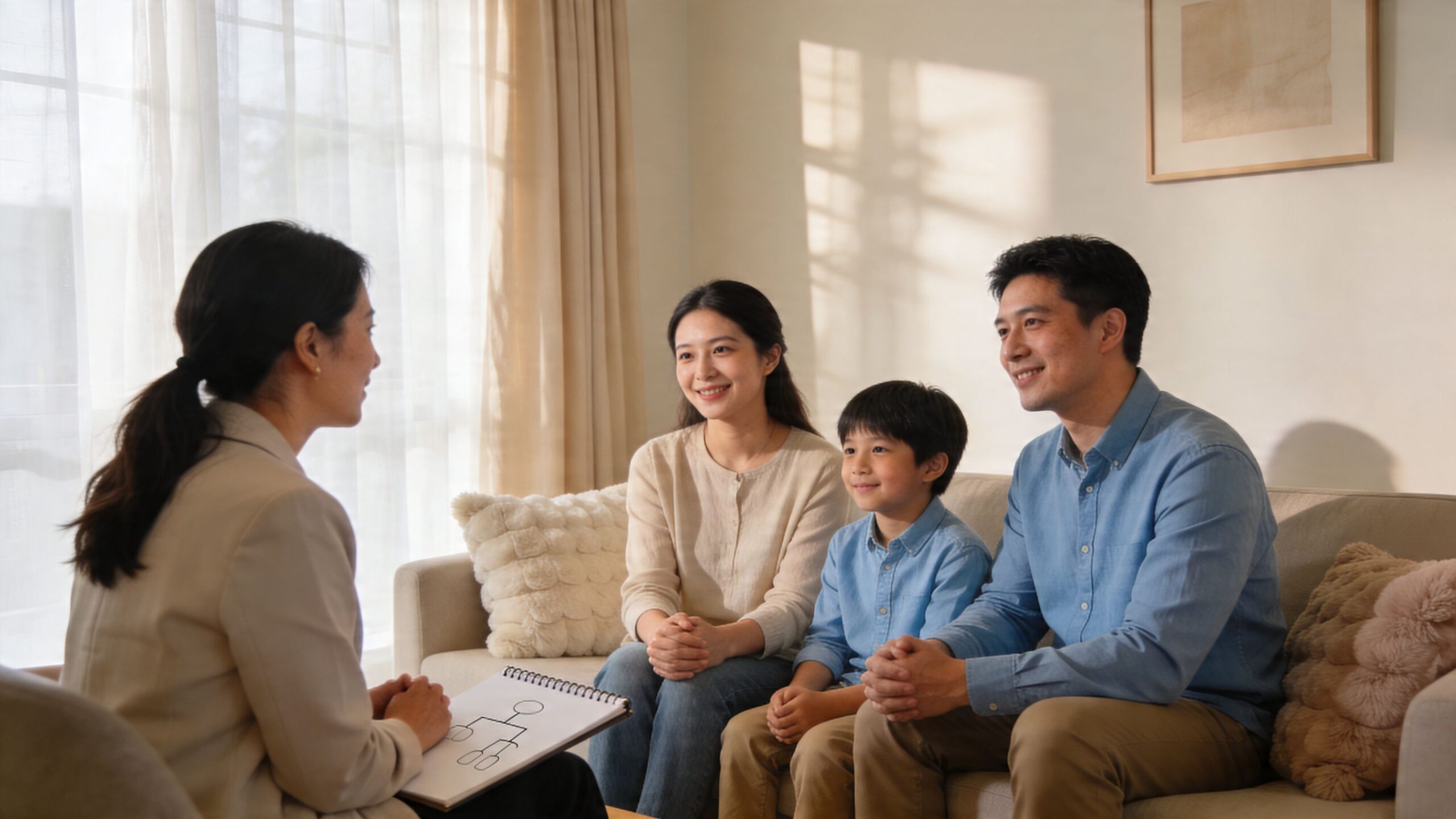 Terapeuta prowadzi sesję z rodziną, rozmawiając z rodzicami oraz dzieckiem w przytulnym, jasnym gabinecie terapeutycznym.
