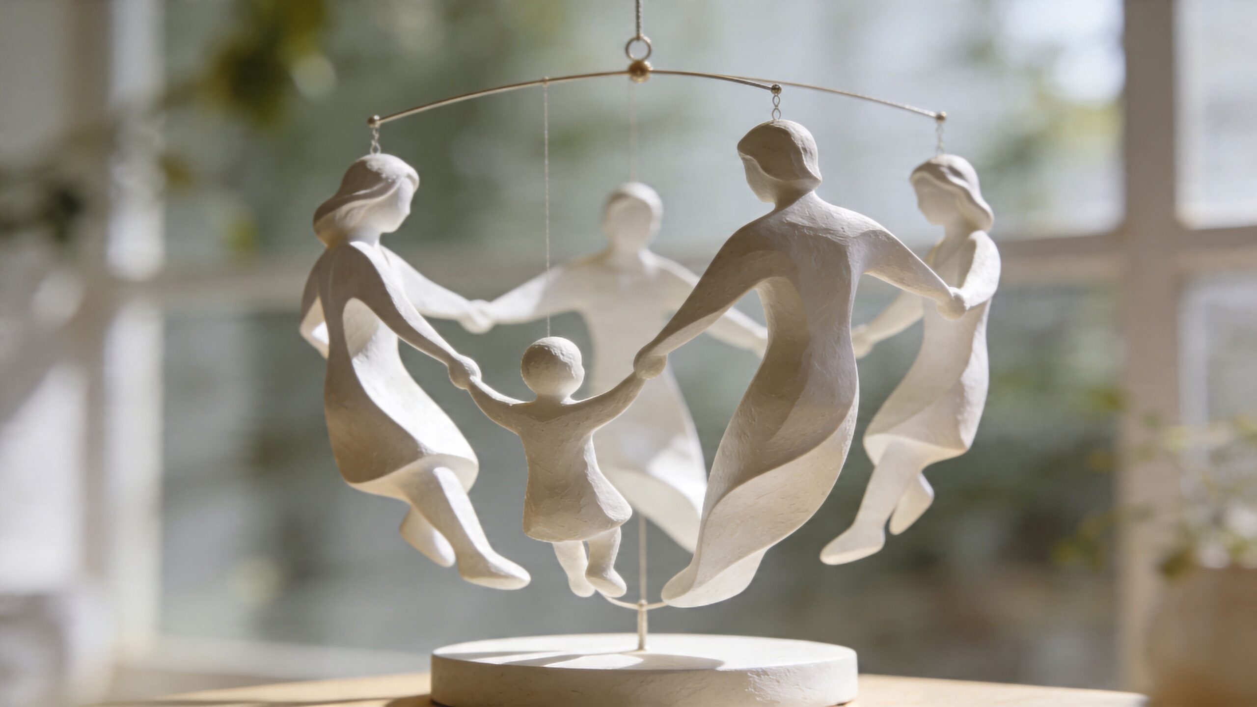 Biała rzeźba przedstawiająca grupę osób trzymających się za ręce w kole, symbolizująca więzi rodzinne i wsparcie.