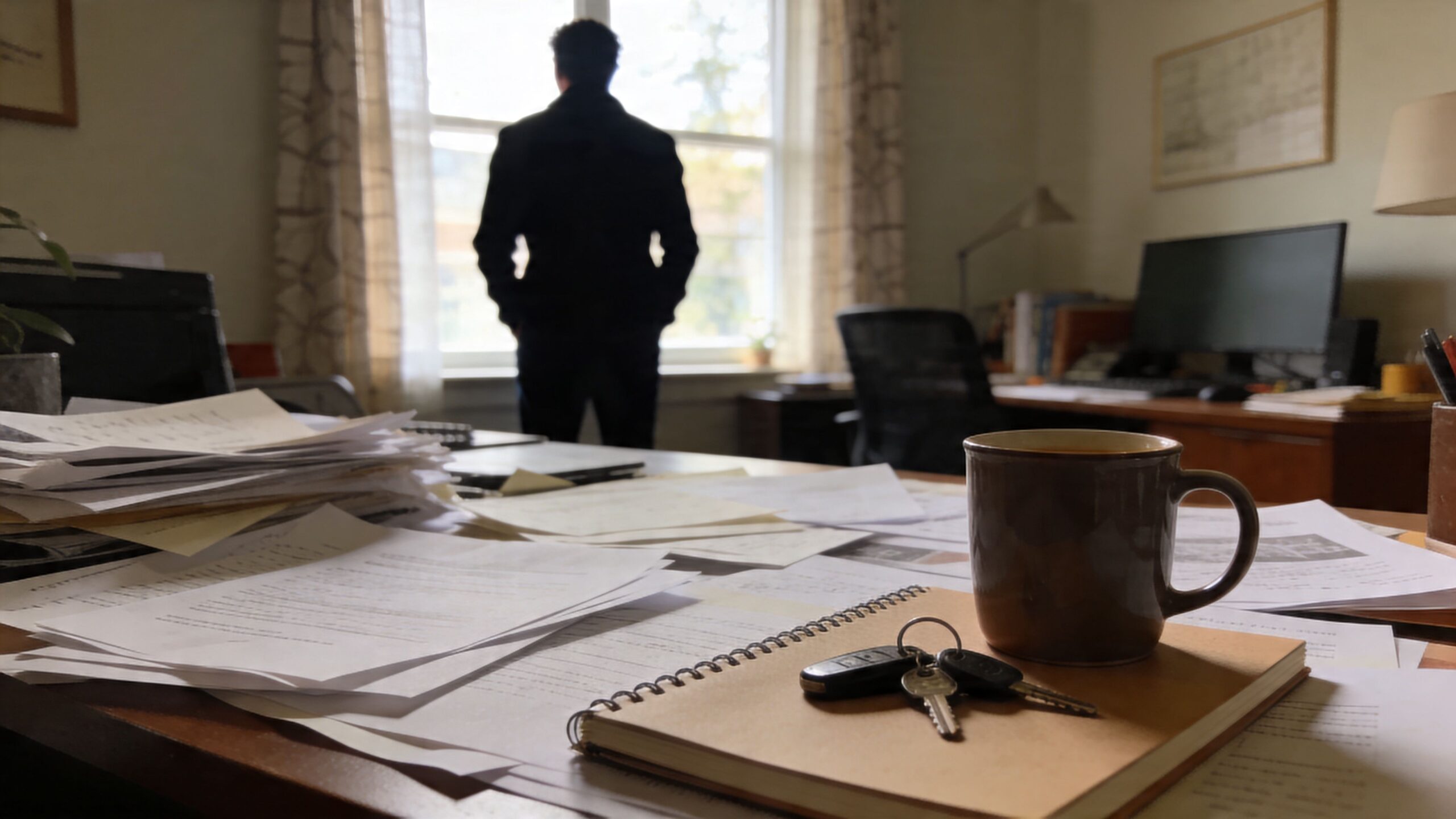 Mężczyzna patrzący przez okno w biurze pełnym dokumentów z kubkiem kawy i kluczami na pierwszym planie.