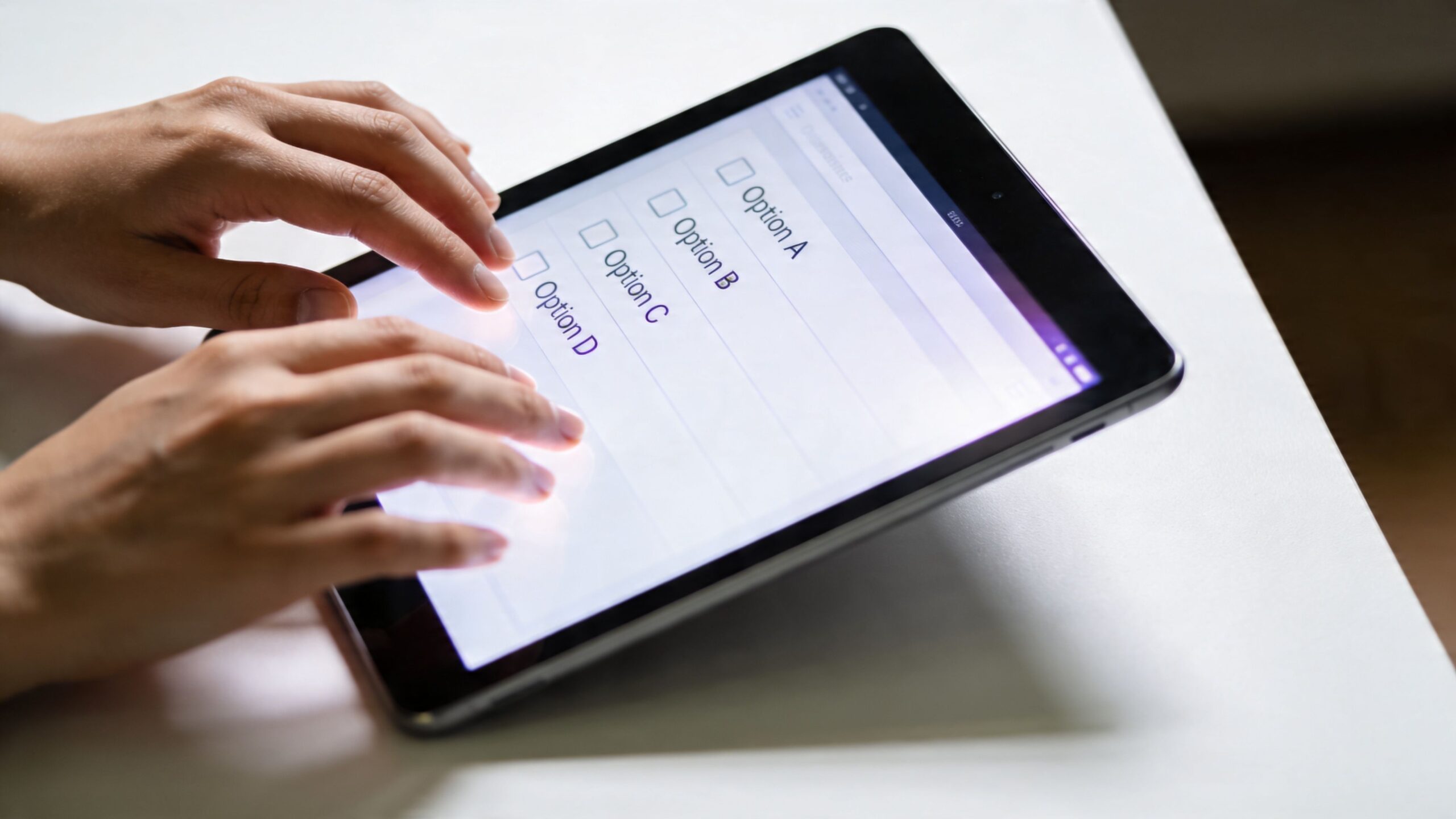 Osoba korzystająca z tabletu podczas wypełniania testu online na ekranie dotykowym urządzenia z wieloma opcjami wyboru.