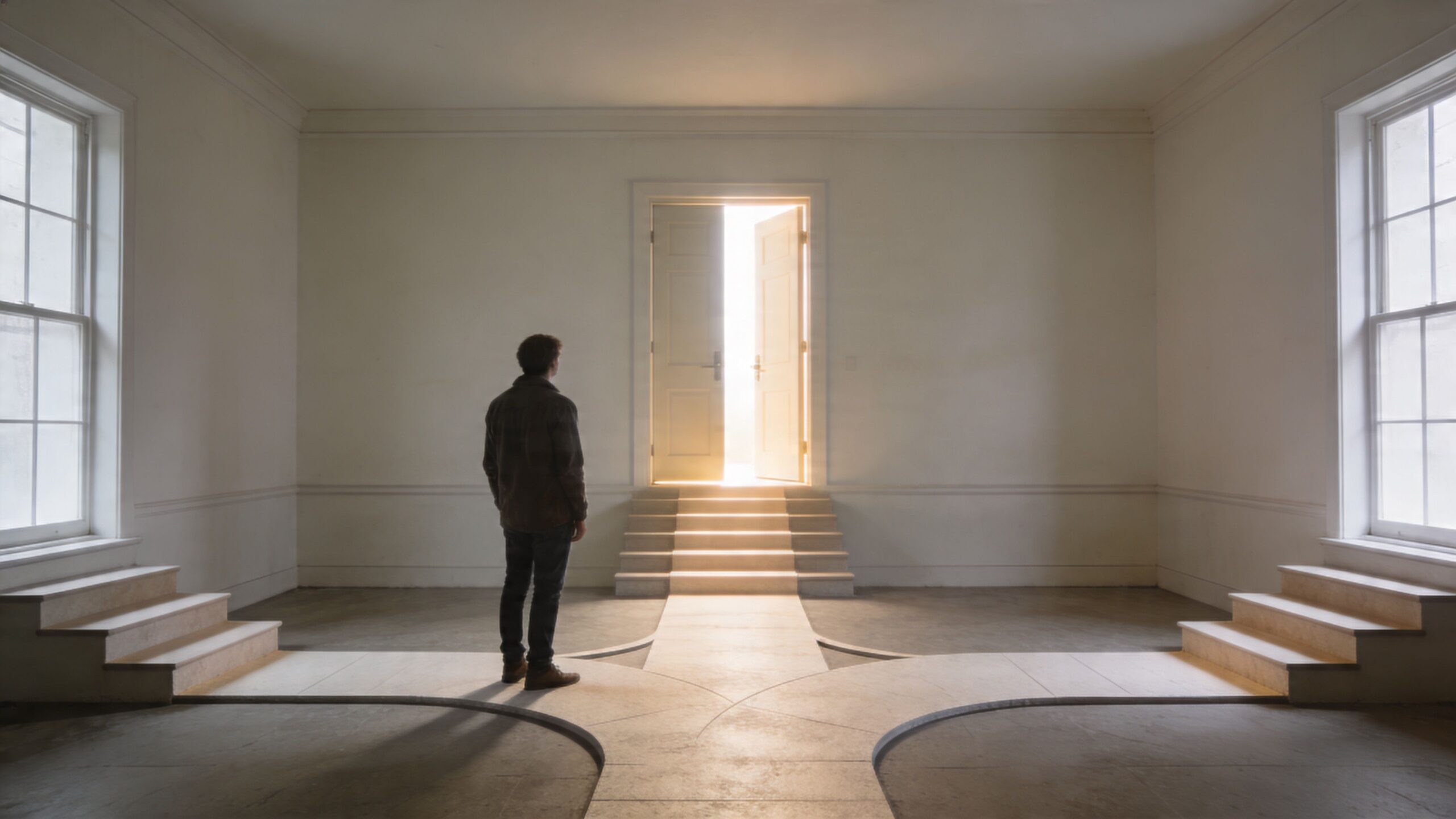 Mężczyzna stojący w centrum pustego, minimalistycznego pokoju przed otwartymi drzwiami pełnymi jasnego, oślepiającego światła dziennego.