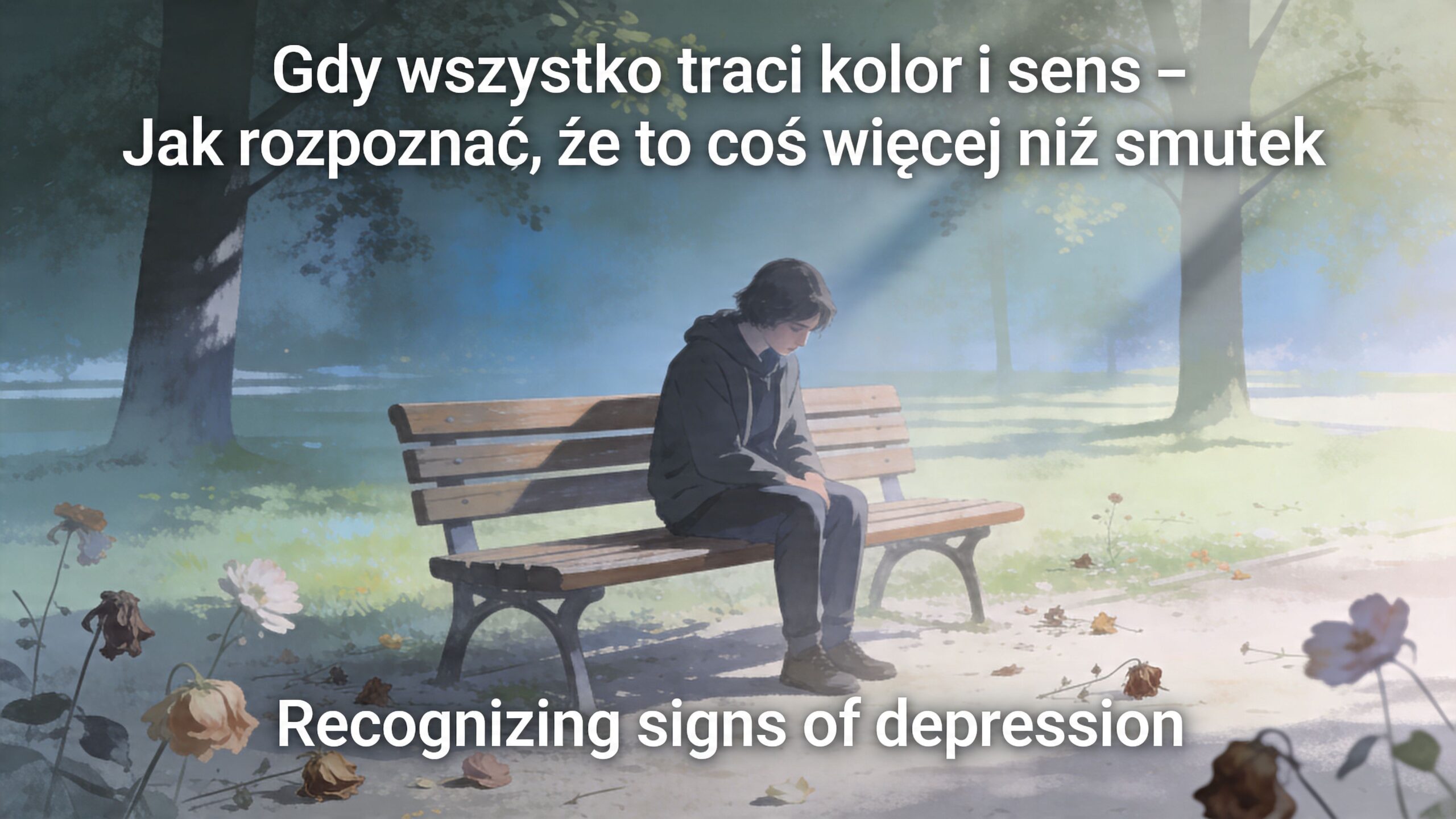 Smutna osoba siedząca samotnie na ławce w parku, ilustracja tematyczna dotycząca objawów i rozpoznawania depresji u ludzi.