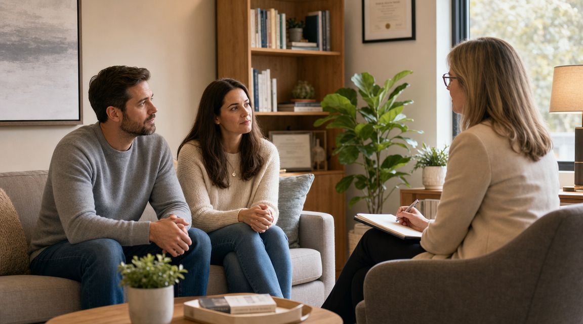Para siedząca na kanapie podczas profesjonalnej sesji terapeutycznej z psychologiem w przytulnym, jasnym gabinecie terapeutycznym.