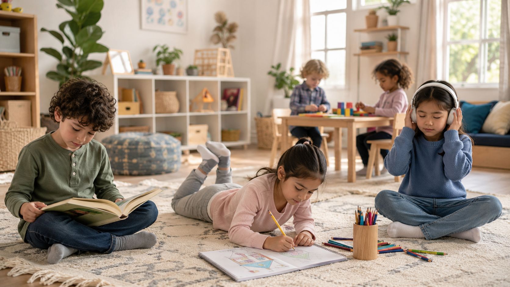 Dzieci bawiące się i uczące w przytulnym, jasnym pokoju pełnym zabawek, książek oraz materiałów edukacyjnych.