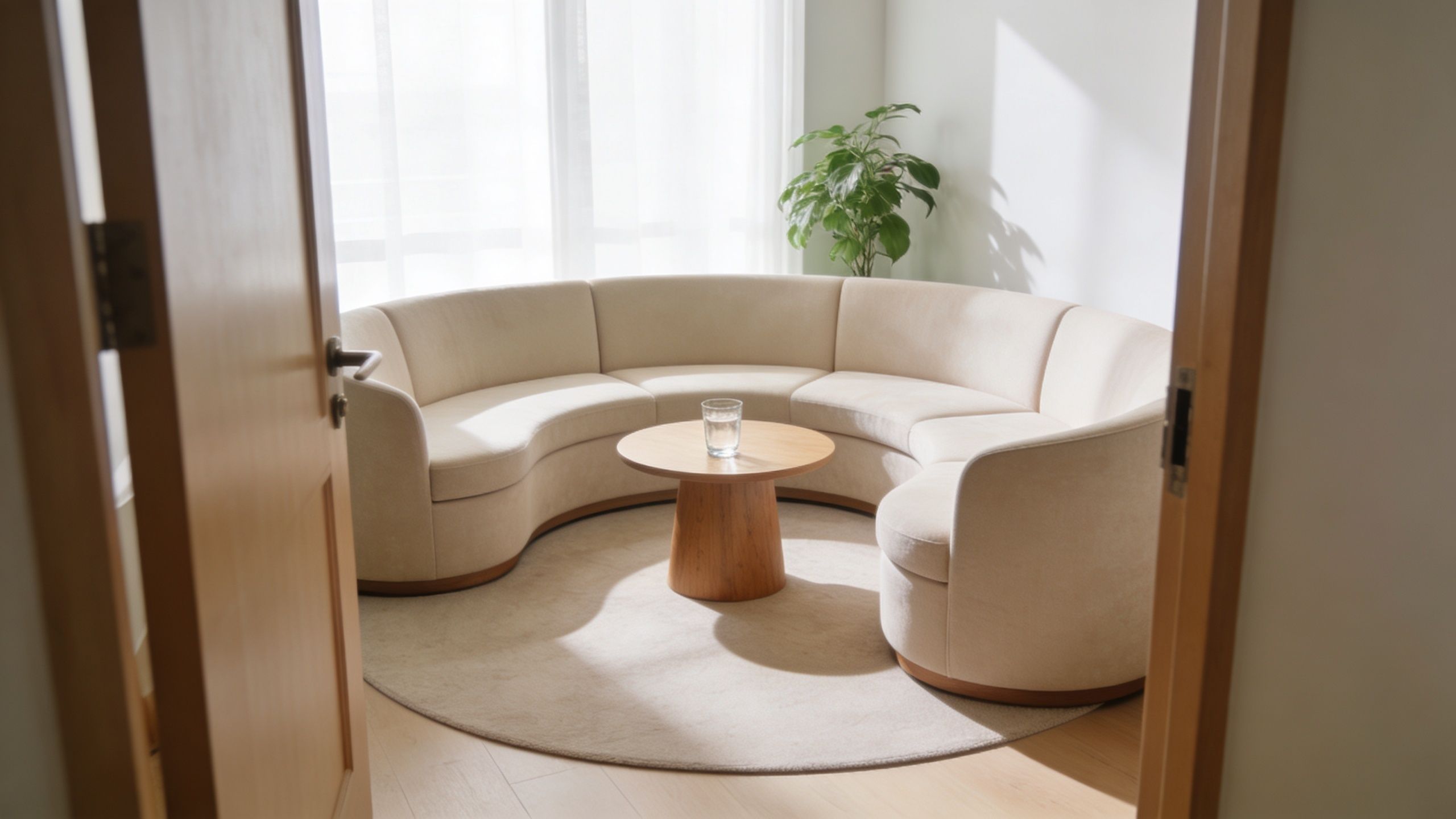 Wygodna beżowa sofa w kształcie półkola z drewnianym stolikiem kawowym w jasnym, nowoczesnym wnętrzu gabinetu terapeutycznego.