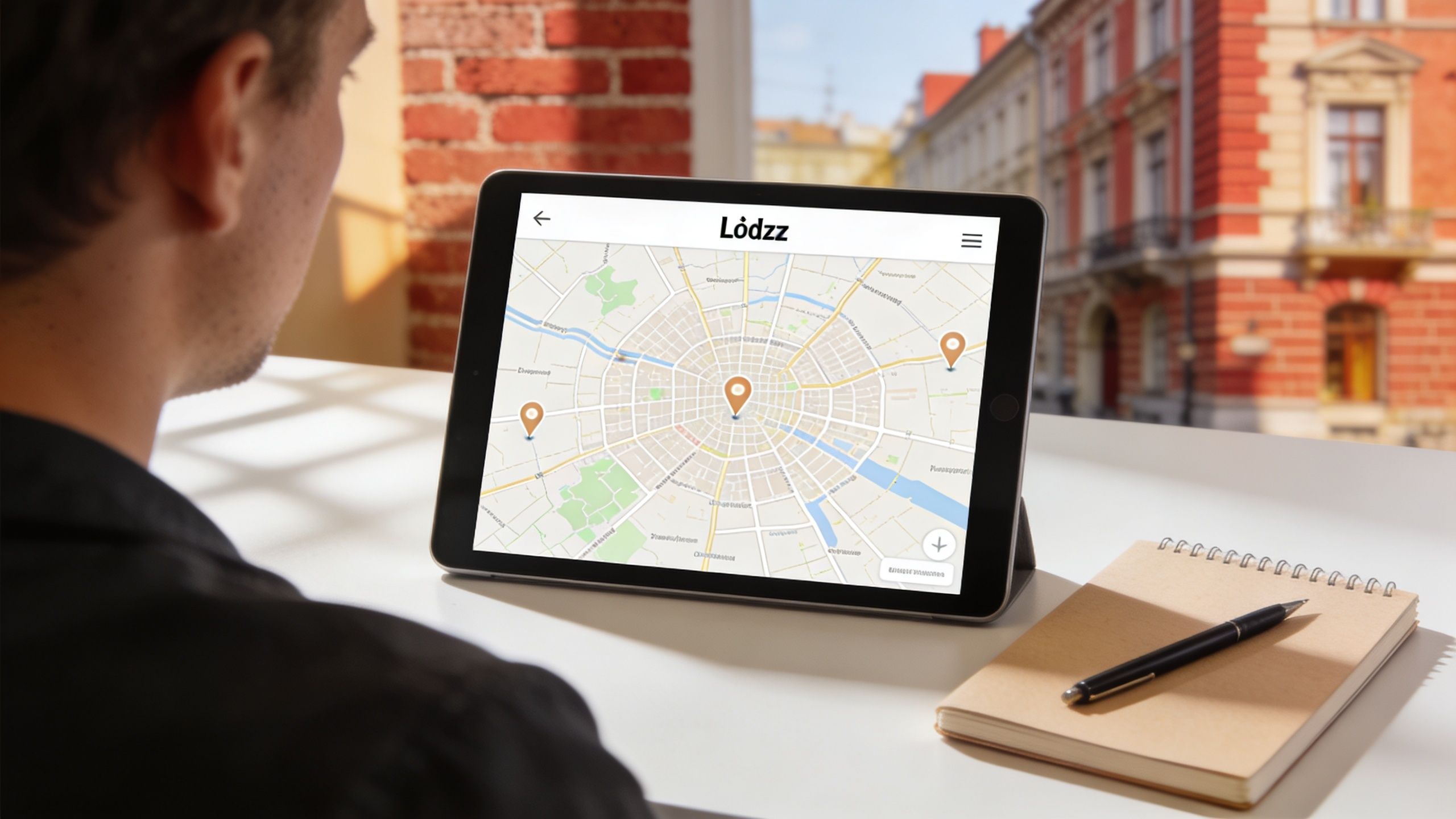 Mężczyzna siedzi przy stole i przegląda mapę miasta Łódź na tablecie, planując wizytę u specjalisty.