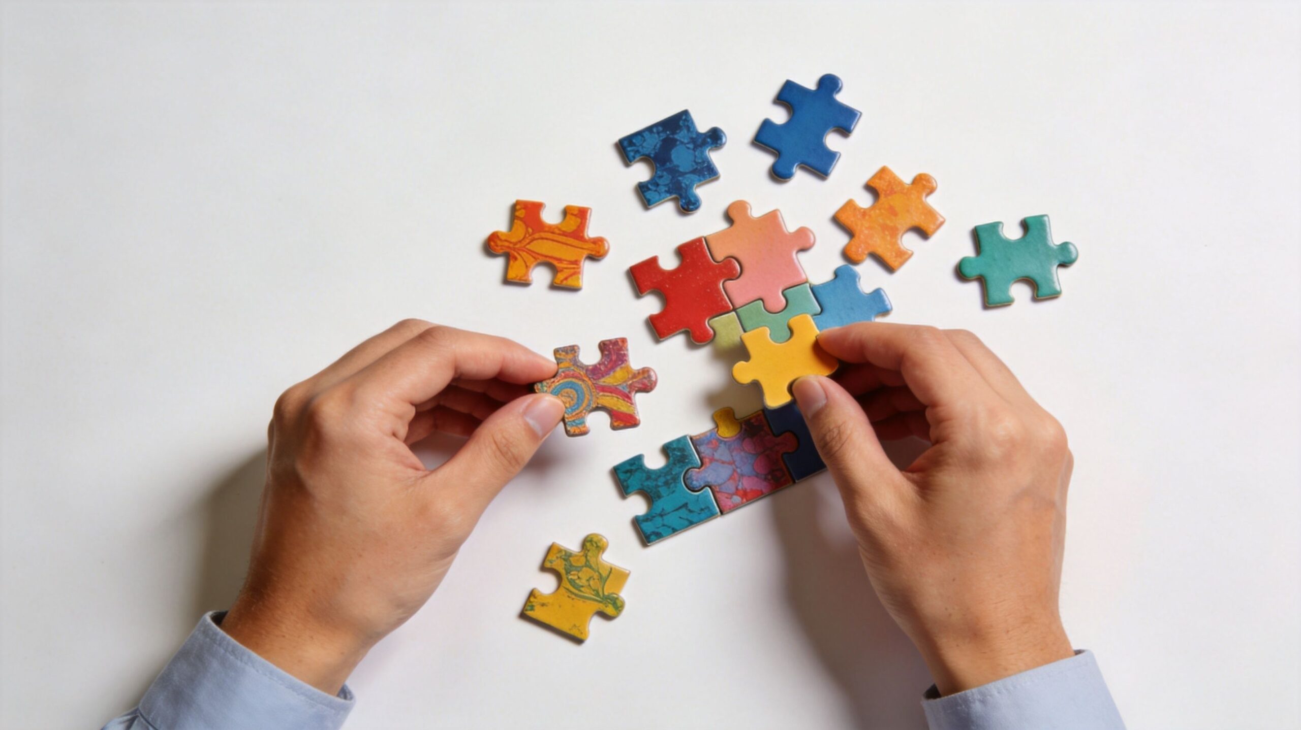 Dłonie układające kolorowe puzzle na białym tle, symbolizujące proces rozwiązywania problemów i łączenia elementów w terapii.