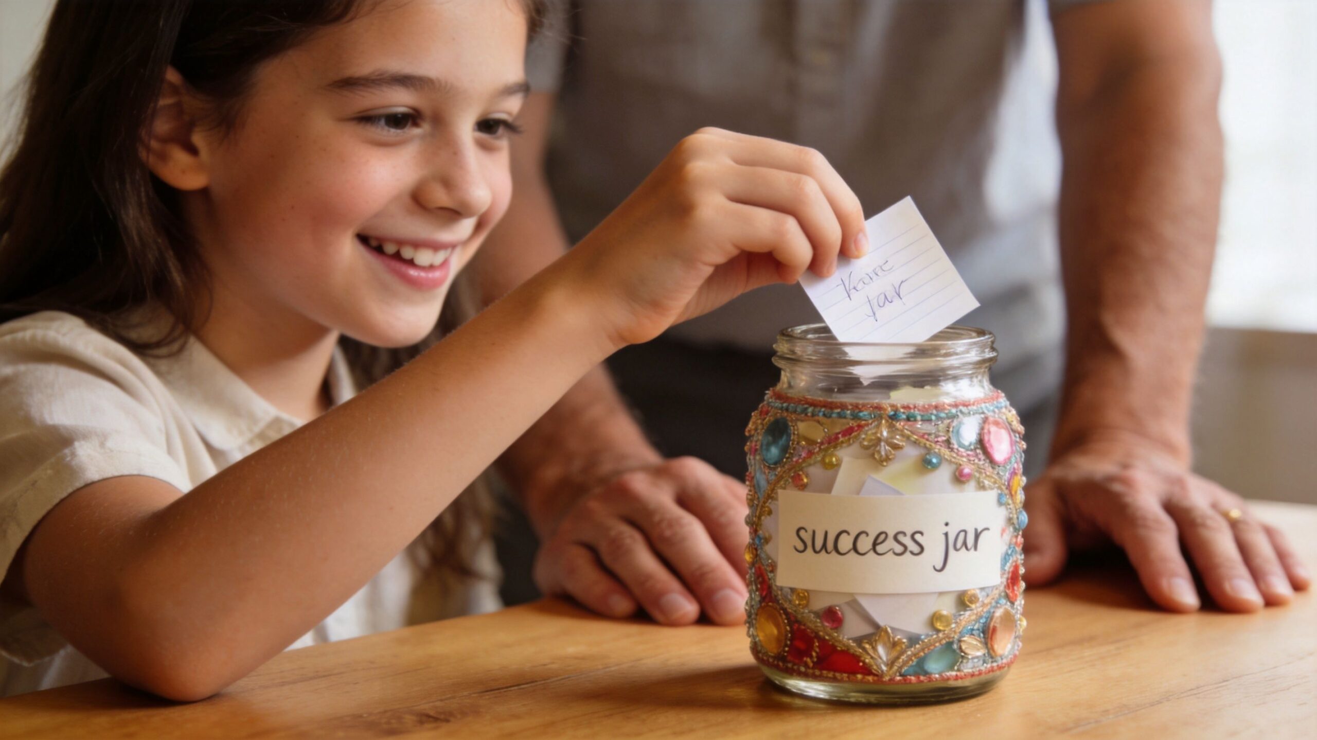 Uśmiechnięta dziewczynka wkłada karteczkę z napisem do ozdobnego szklanego słoika z etykietą o treści success jar.