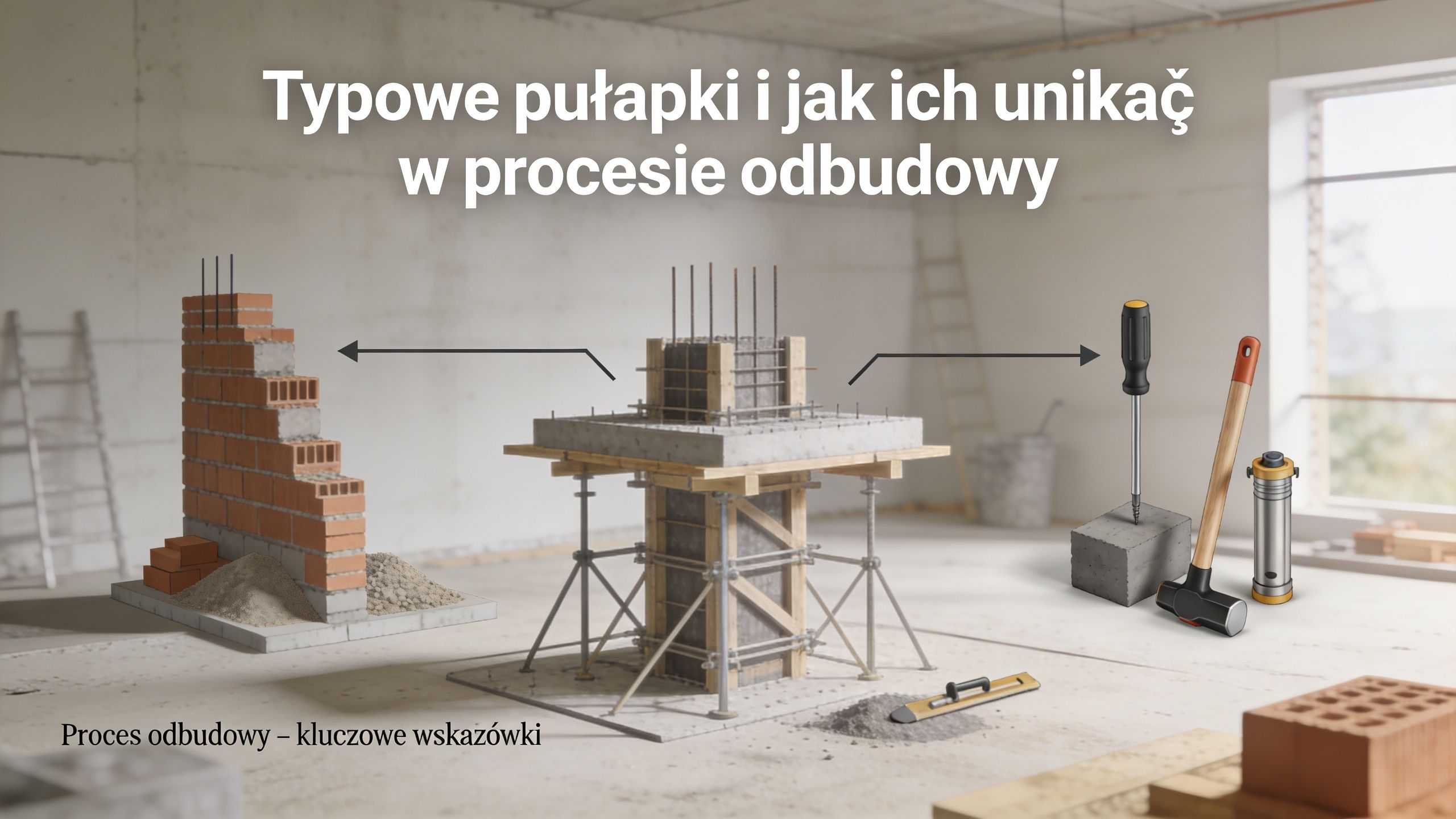 Ilustracja przedstawiająca proces budowy i fundamentów, podkreślająca znaczenie planowania oraz unikania typowych błędów w budownictwie.