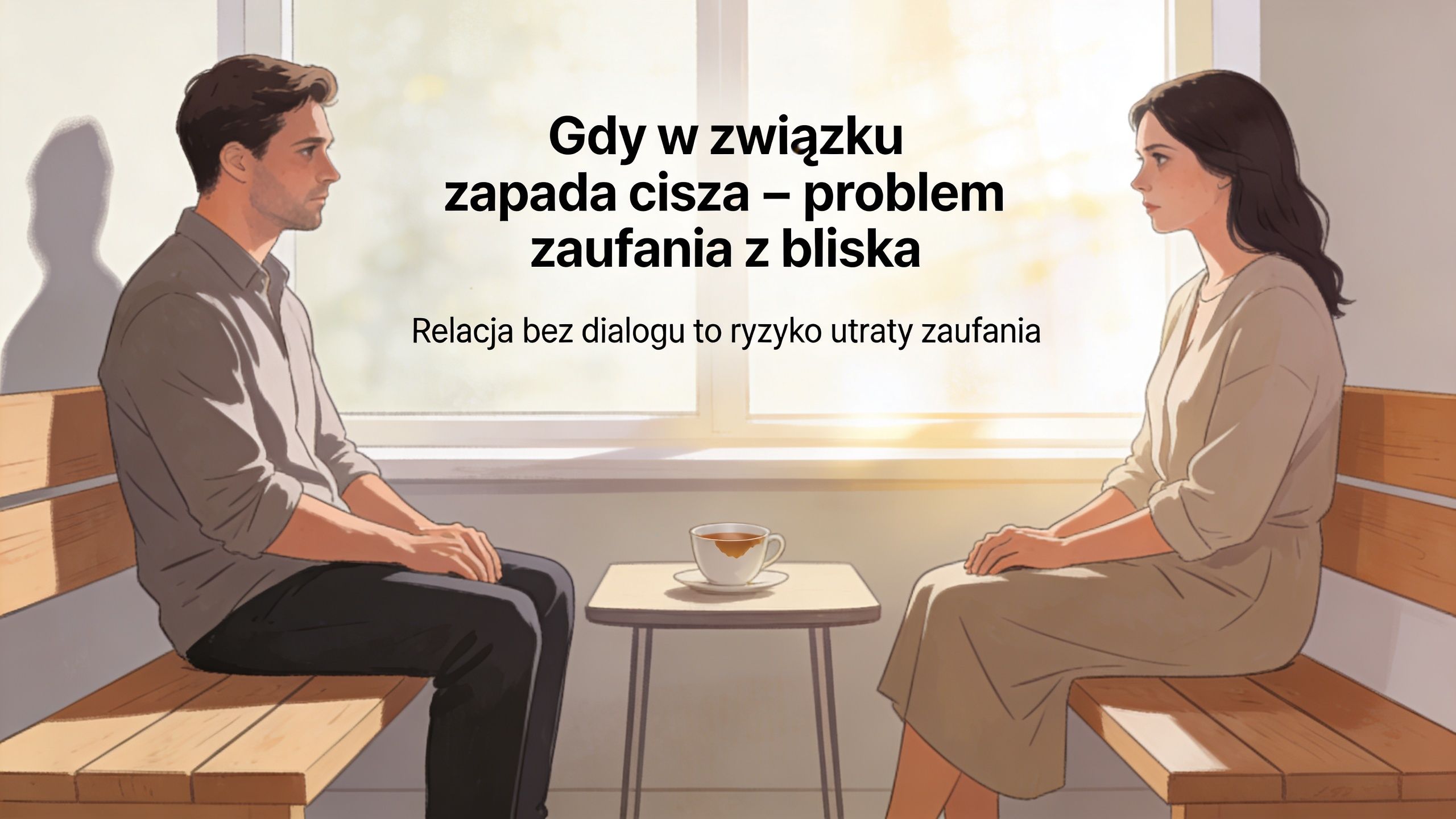 Mężczyzna i kobieta siedzą naprzeciwko siebie w ciszy, co ilustruje problemy z komunikacją i zaufaniem w związku.
