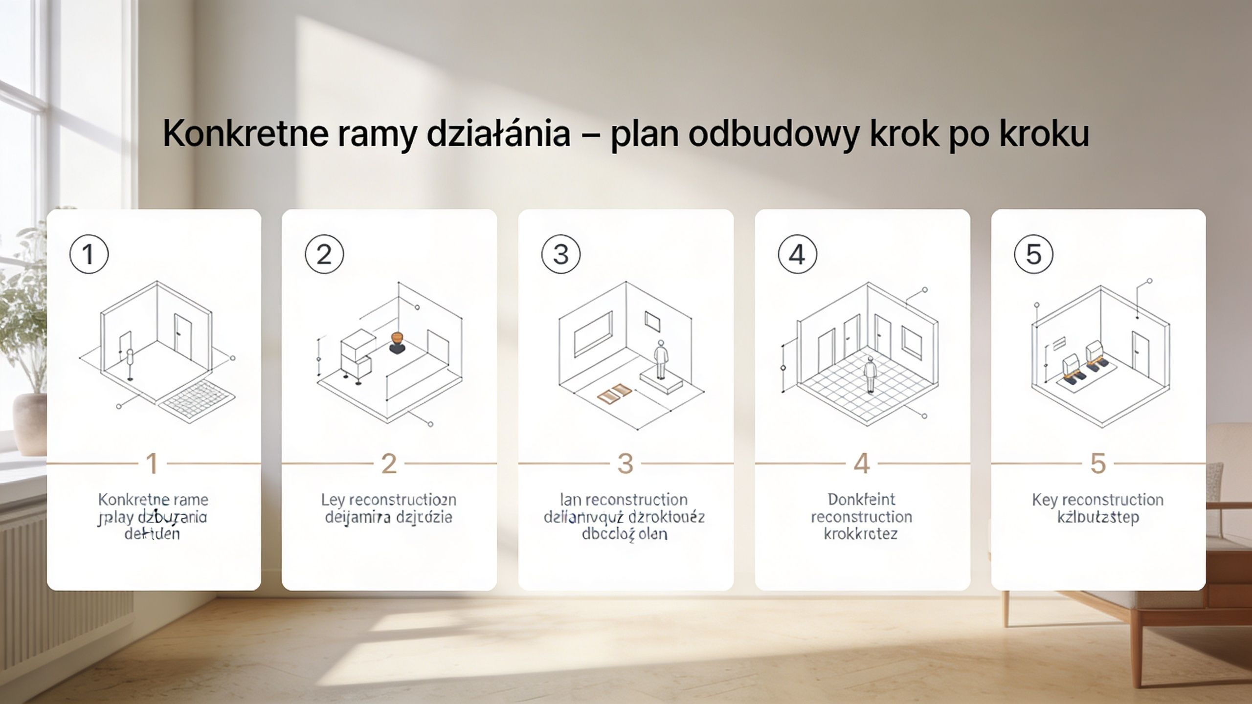 Pięciostopniowy schemat graficzny przedstawiający kroki procesu odbudowy zaufania w relacji za pomocą czytelnych ikon i tekstu.