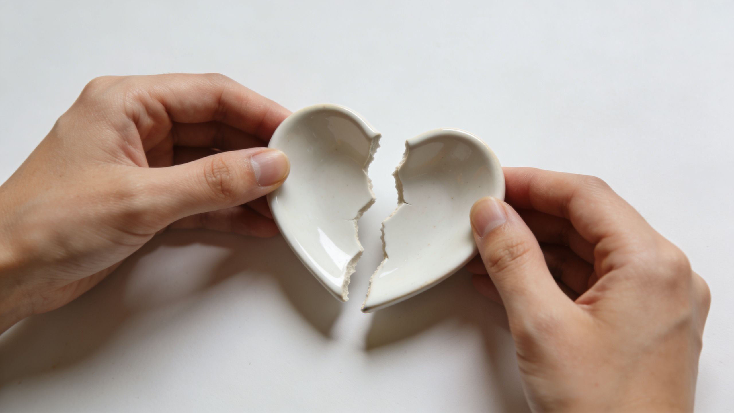 Dłonie trzymające dwie połówki pękniętego ceramicznego serca na białym tle, symbolizujące koniec związku lub złamane serce.
