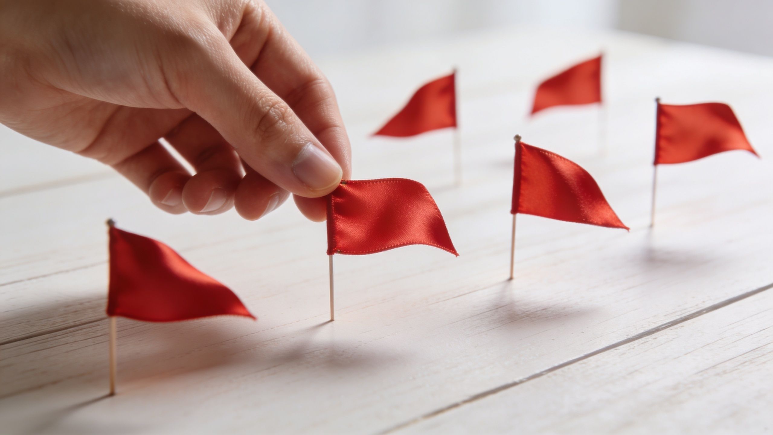 Dłoń ustawiająca czerwoną flagę na białym drewnianym stole wśród wielu innych czerwonych flag symbolizujących ostrzeżenia.