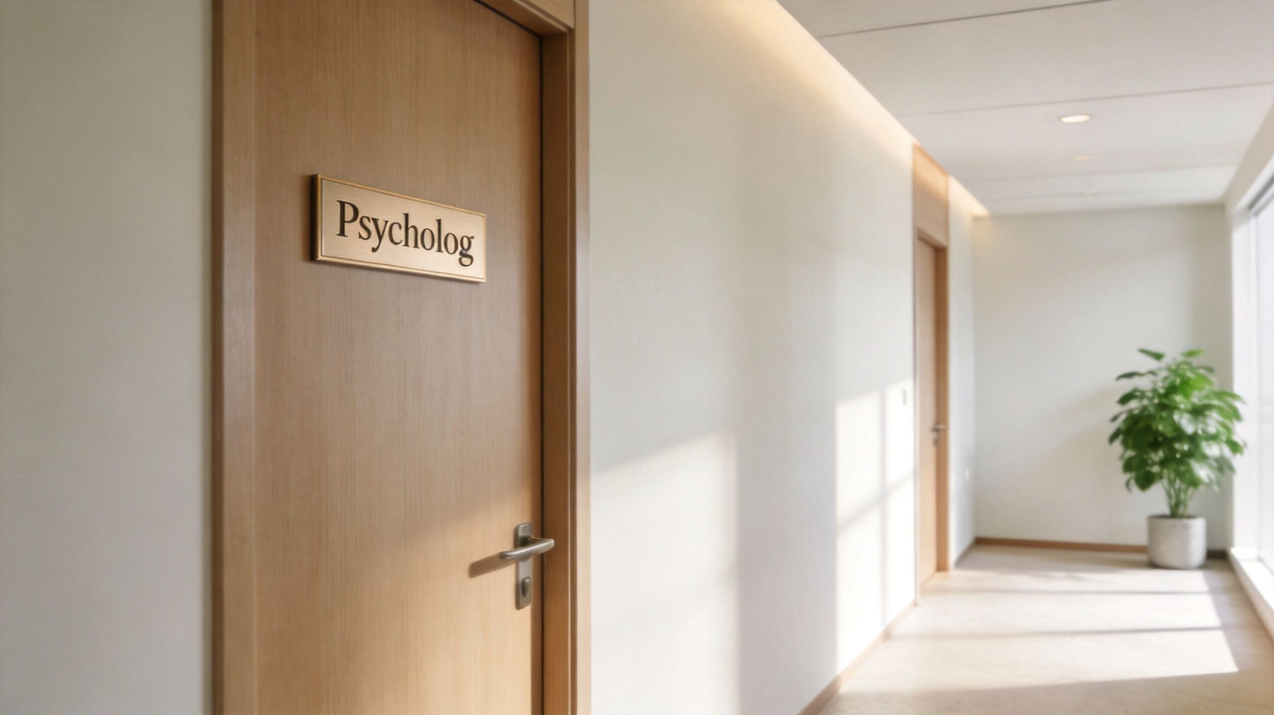 Drzwi do gabinetu psychologa w jasnym, minimalistycznym korytarzu biurowym z rośliną doniczkową w tle.