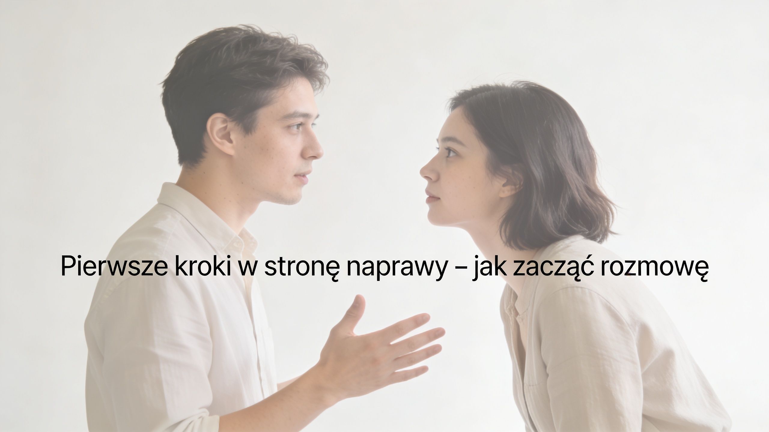 Młoda para patrząca na siebie podczas poważnej rozmowy, próbująca naprawić relację i odbudować wzajemne zaufanie.