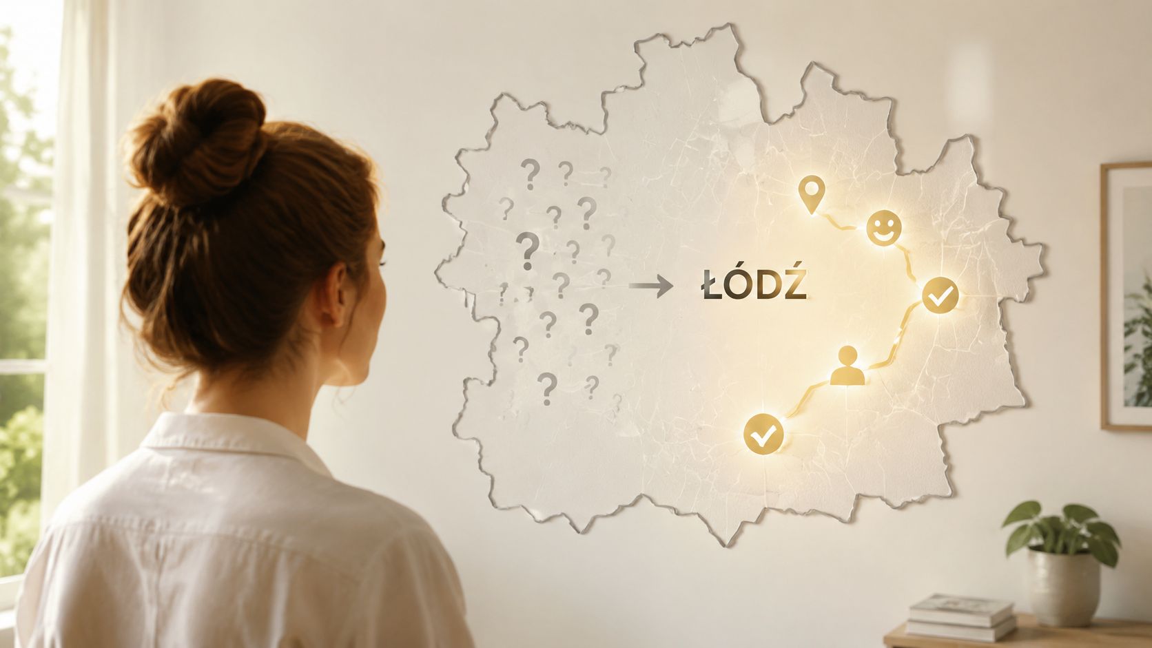 Kobieta patrząca na mapę regionu łódzkiego z ikonami wskazującymi ścieżkę do terapeutycznego sukcesu.