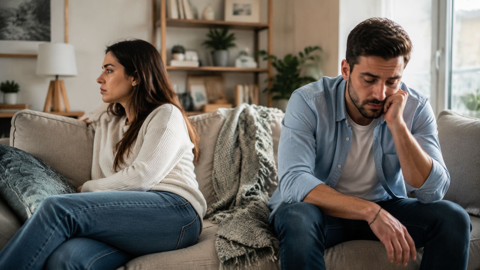Zestresowana para siedzi na kanapie w salonie, unikając kontaktu wzrokowego podczas poważnej kłótni w domu.