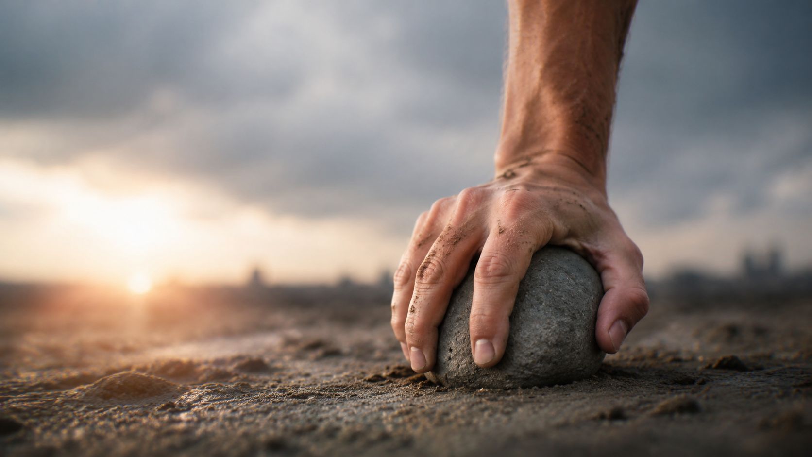 Męska dłoń mocno trzymająca kamień na piaszczystej plaży podczas zachodu słońca symbolizująca radzenie sobie z trudnymi emocjami.